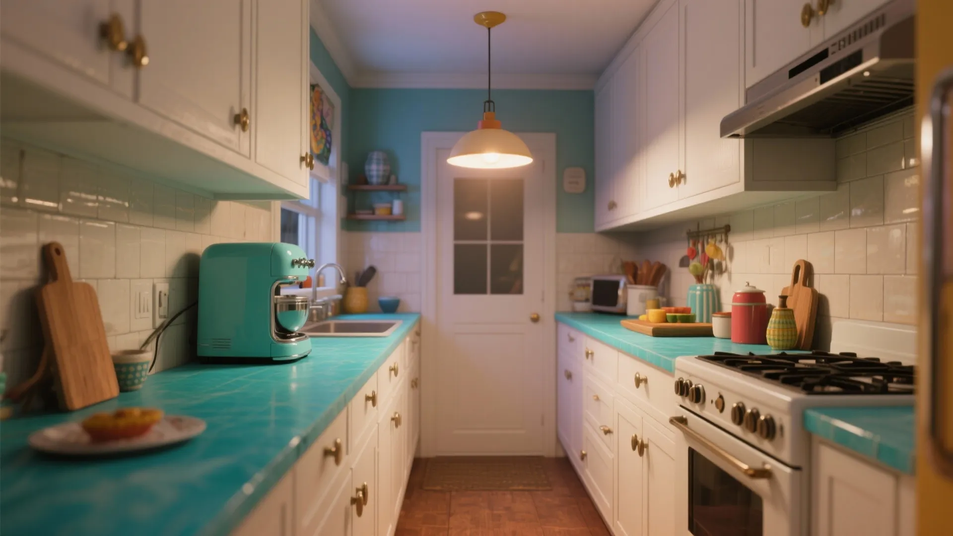 Retro-modern kitchen with bold turquoise countertop, white cabinets, and a neutral backsplash.