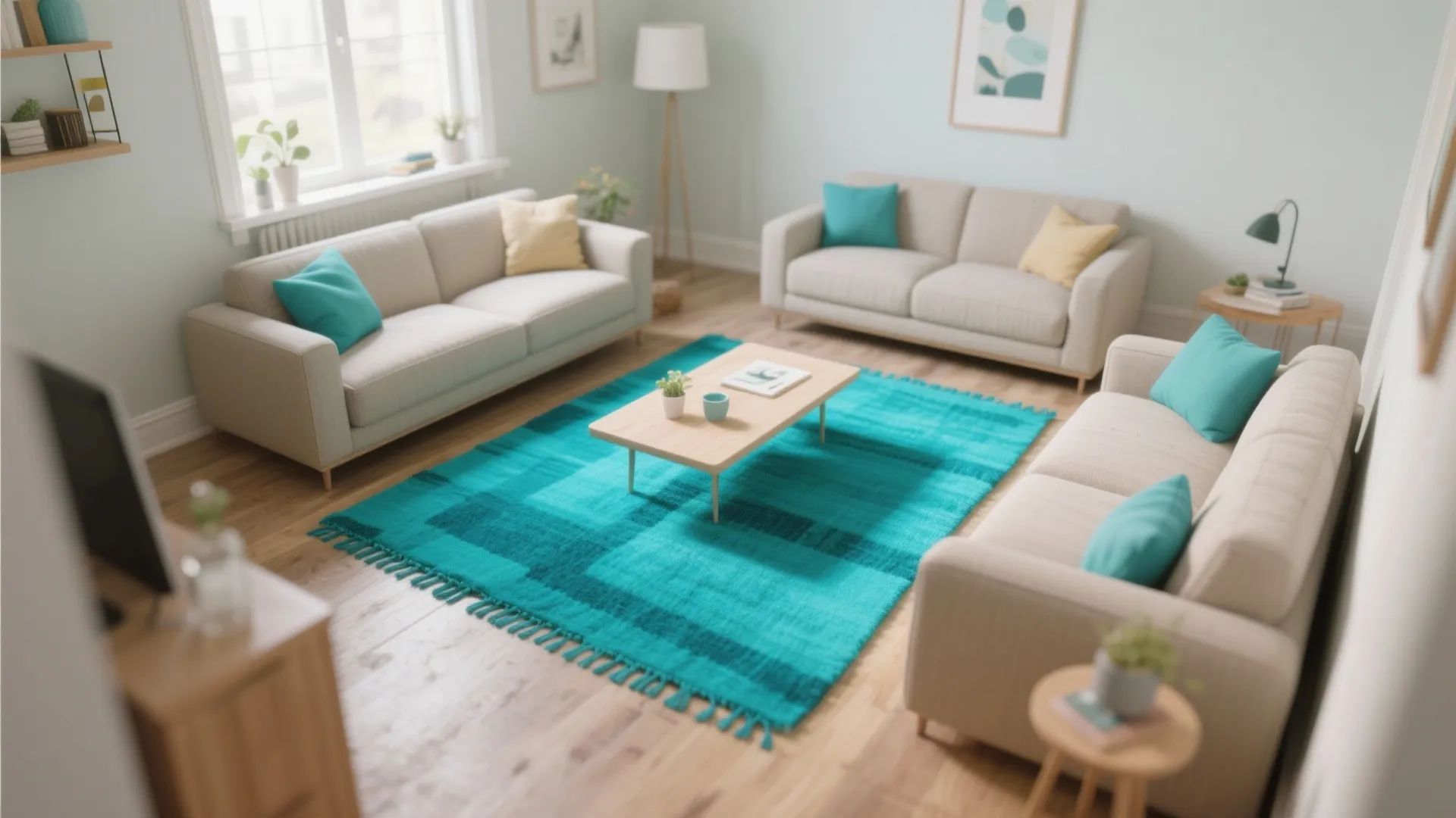 Large turquoise area rug in a bright living room with three beige sofas and wooden floor