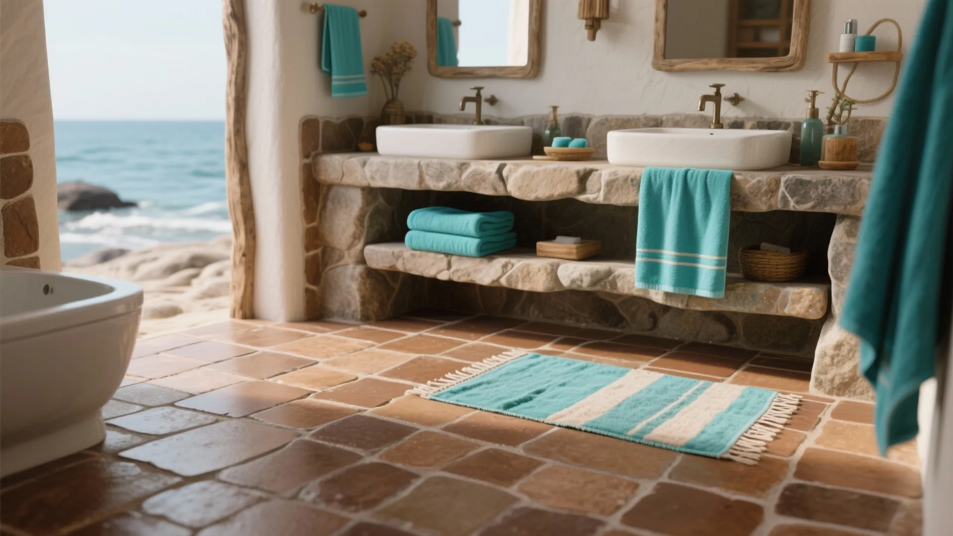 5. Turquoise accents + stone-look brown tiles