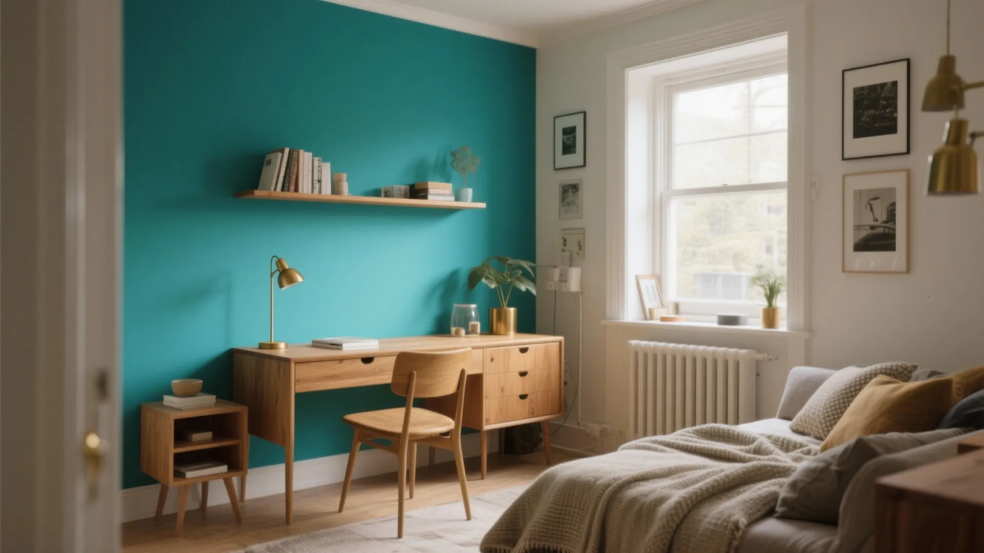 Workspace area featuring a turquoise accent wall wooden desk chair wall shelf and cozy bed