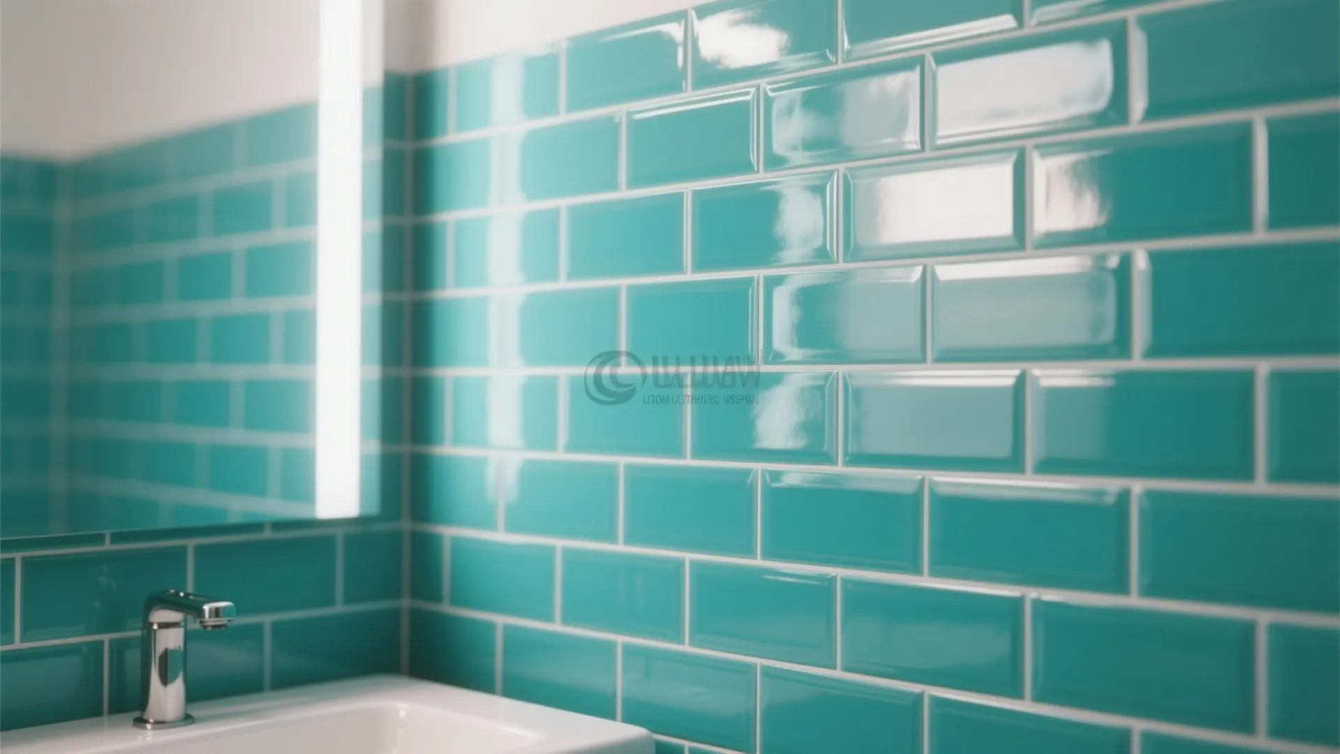 Modern bathroom featuring glossy turquoise wall tiles with a white sink and chrome water tap
