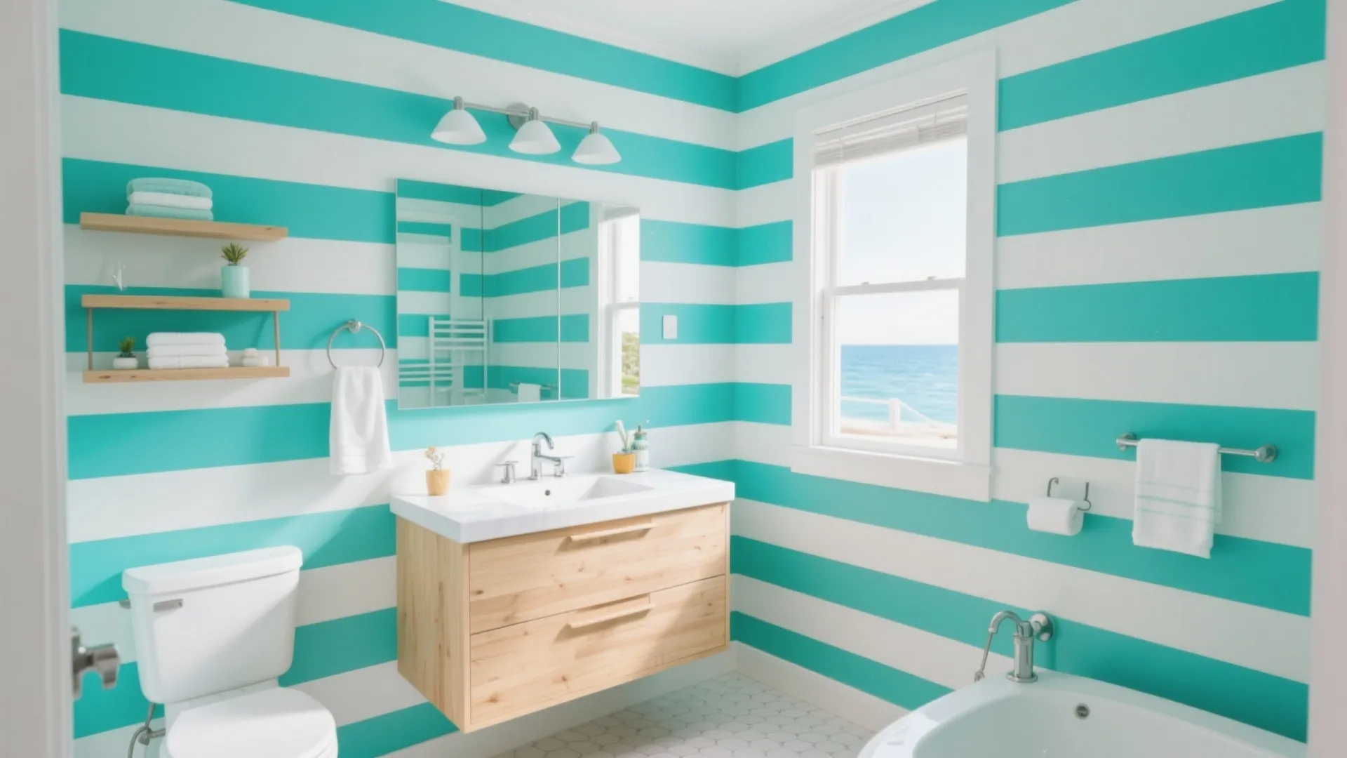 Bright bathroom with turquoise and white striped walls wooden cabinet white toilet and sea view