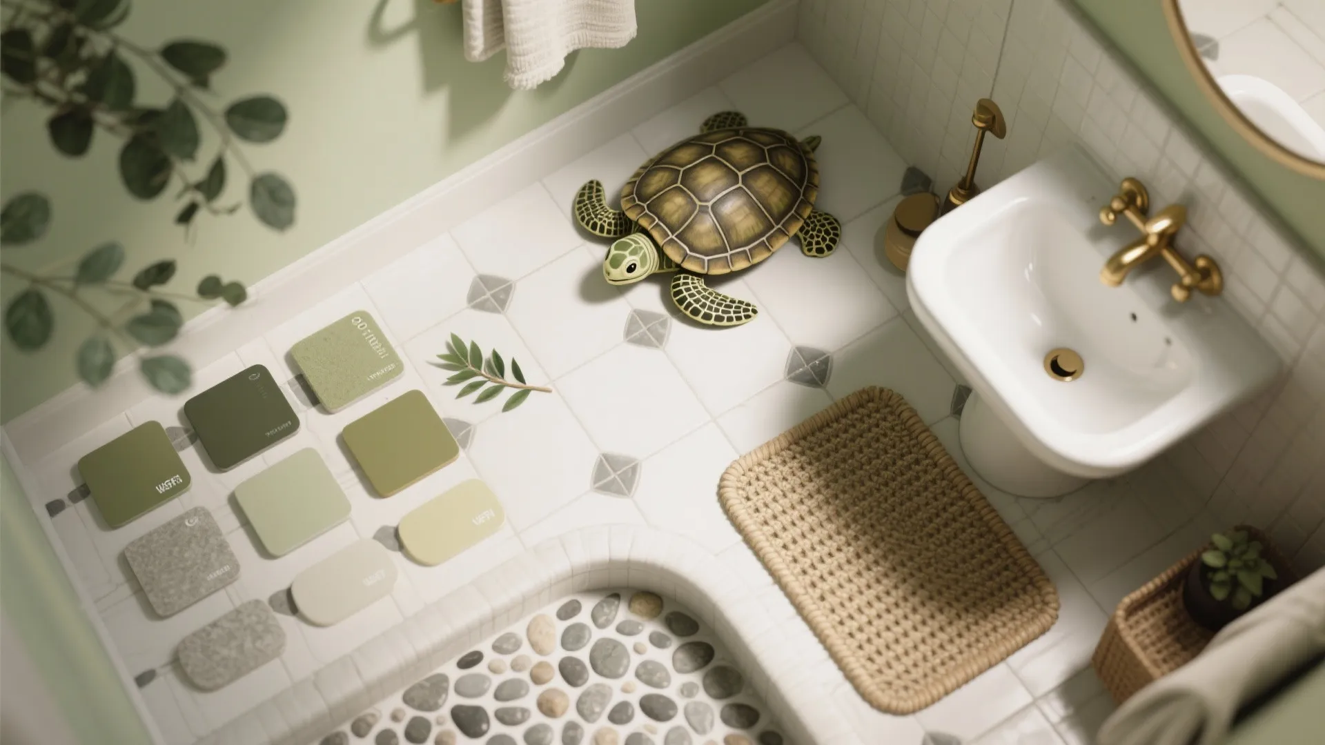 Flatlay of coastal green swatches, tile samples, epoxy grout, brass hardware, rattan, and washable textiles for a turtle bathroom.