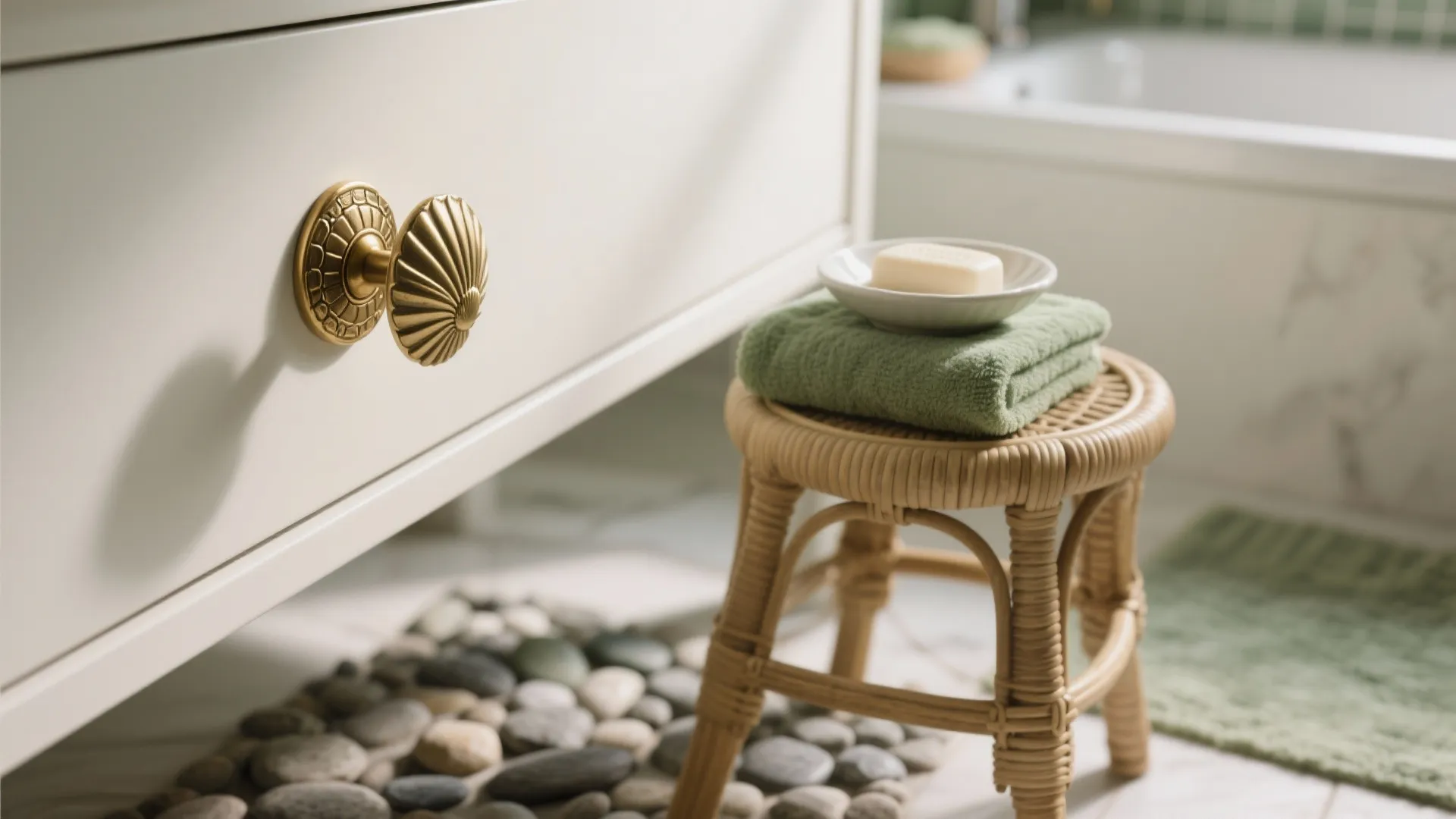 Macro of engraved brass pull, shell-shaped soap dish, rattan stool with moss towel, and pebble bath mat.