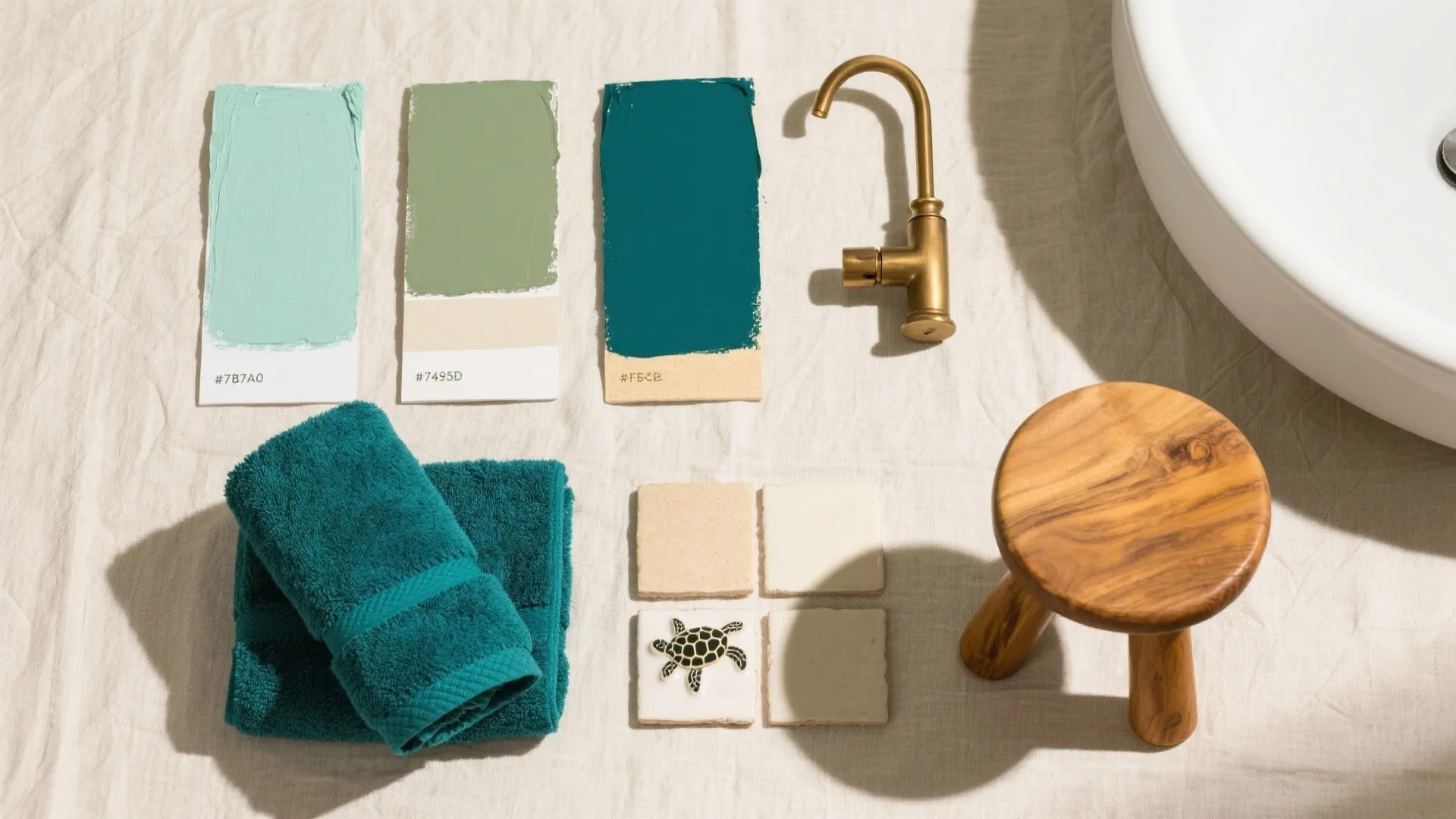 Top-down flat-lay of sea-glass green, deep teal, sand swatches with brass and wood accents.