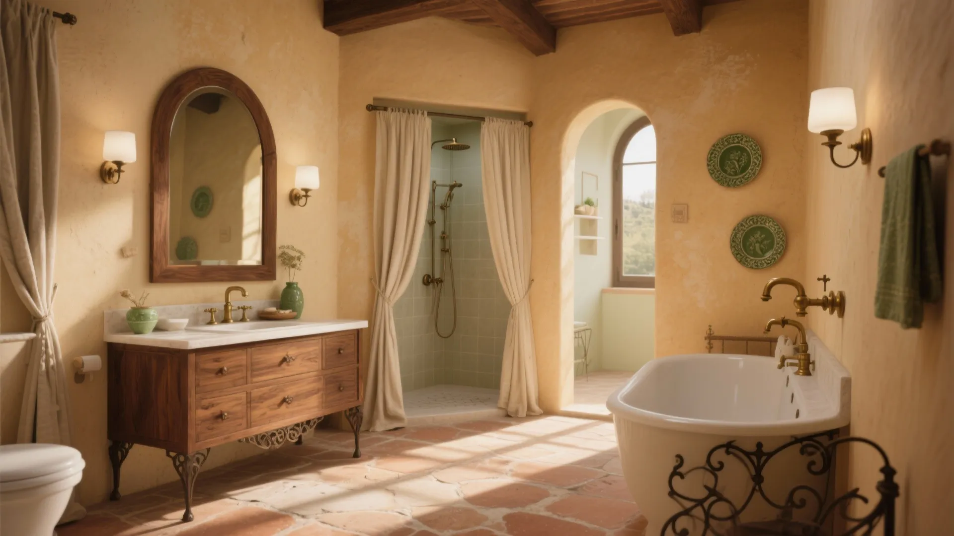 Warm yellow Tuscan bathroom featuring wooden cabinet, arched mirror, wall lights, bathtub, and stone floor