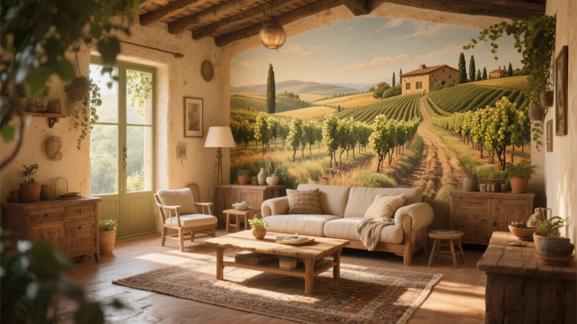 Cottage living room with Tuscan vineyard mural