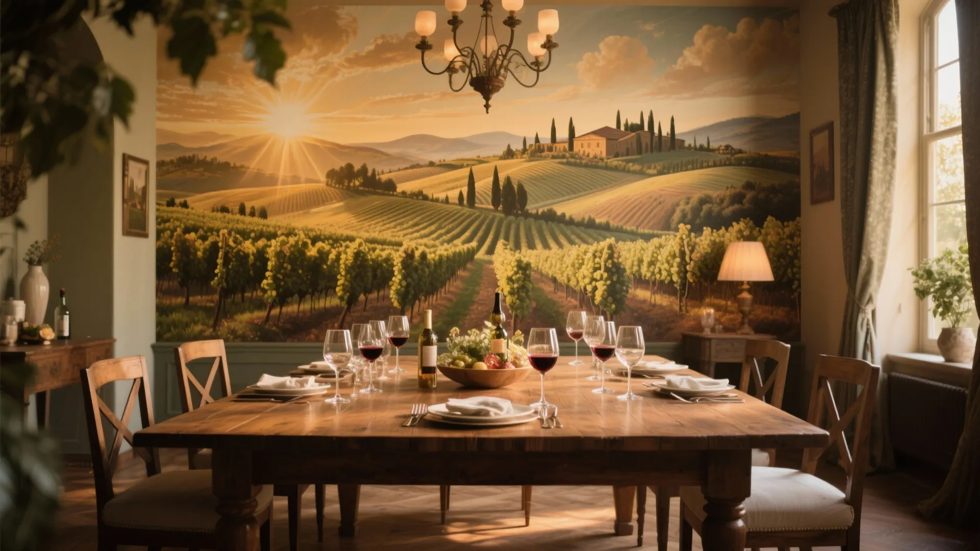 Dining room with Tuscan vineyard mural on the wall