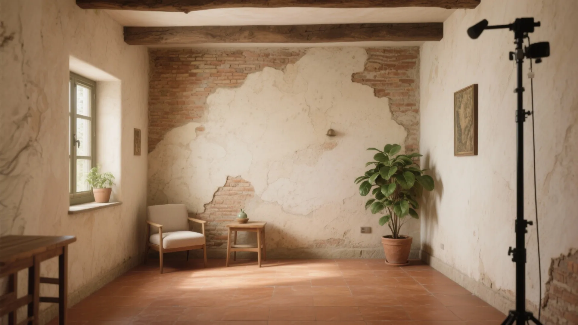 Rustic room with brick wall and plaster details plus a simple sofa and wooden table
