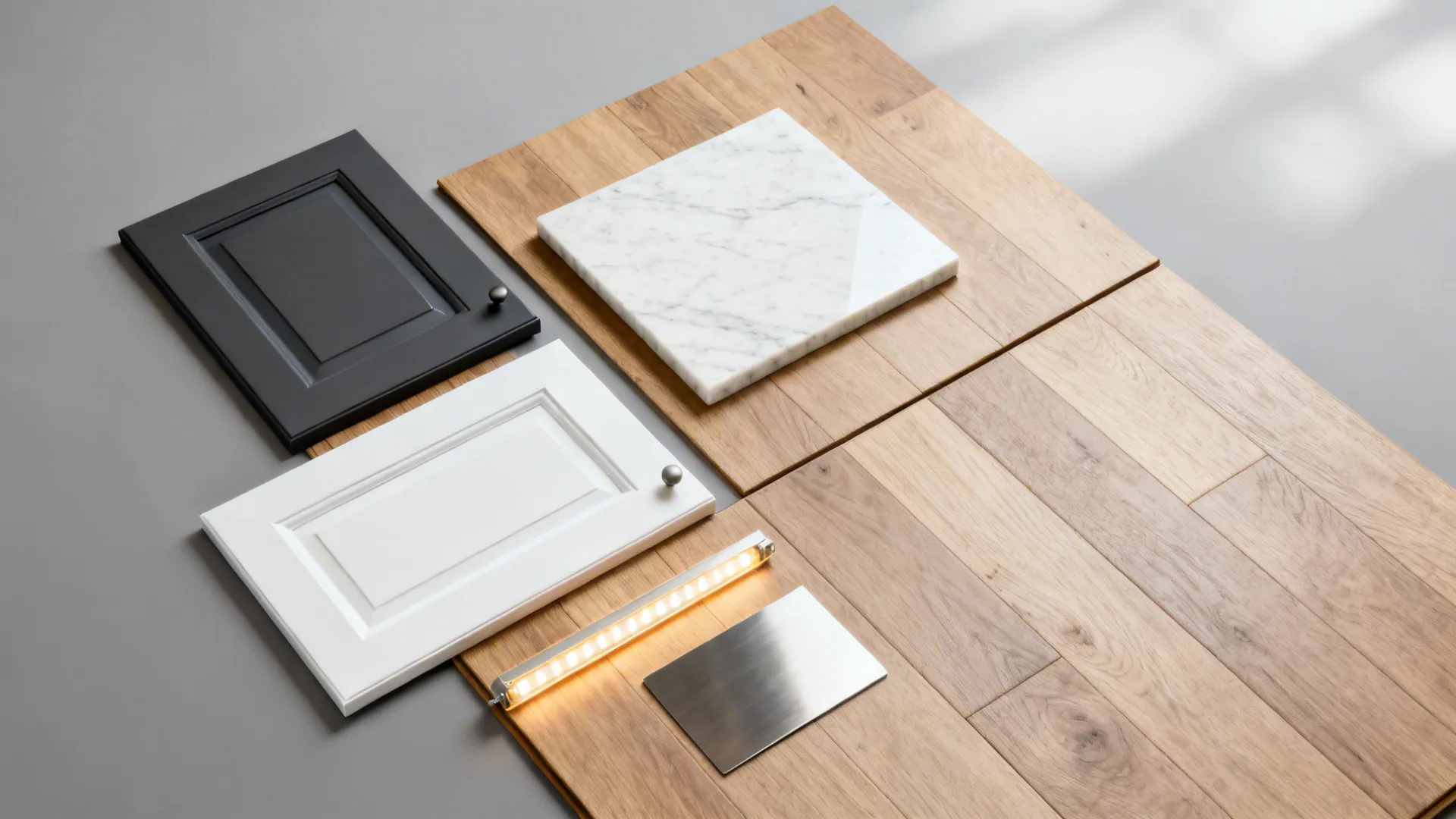 Top-down material board with charcoal, white, veined quartz, stainless, and oak.