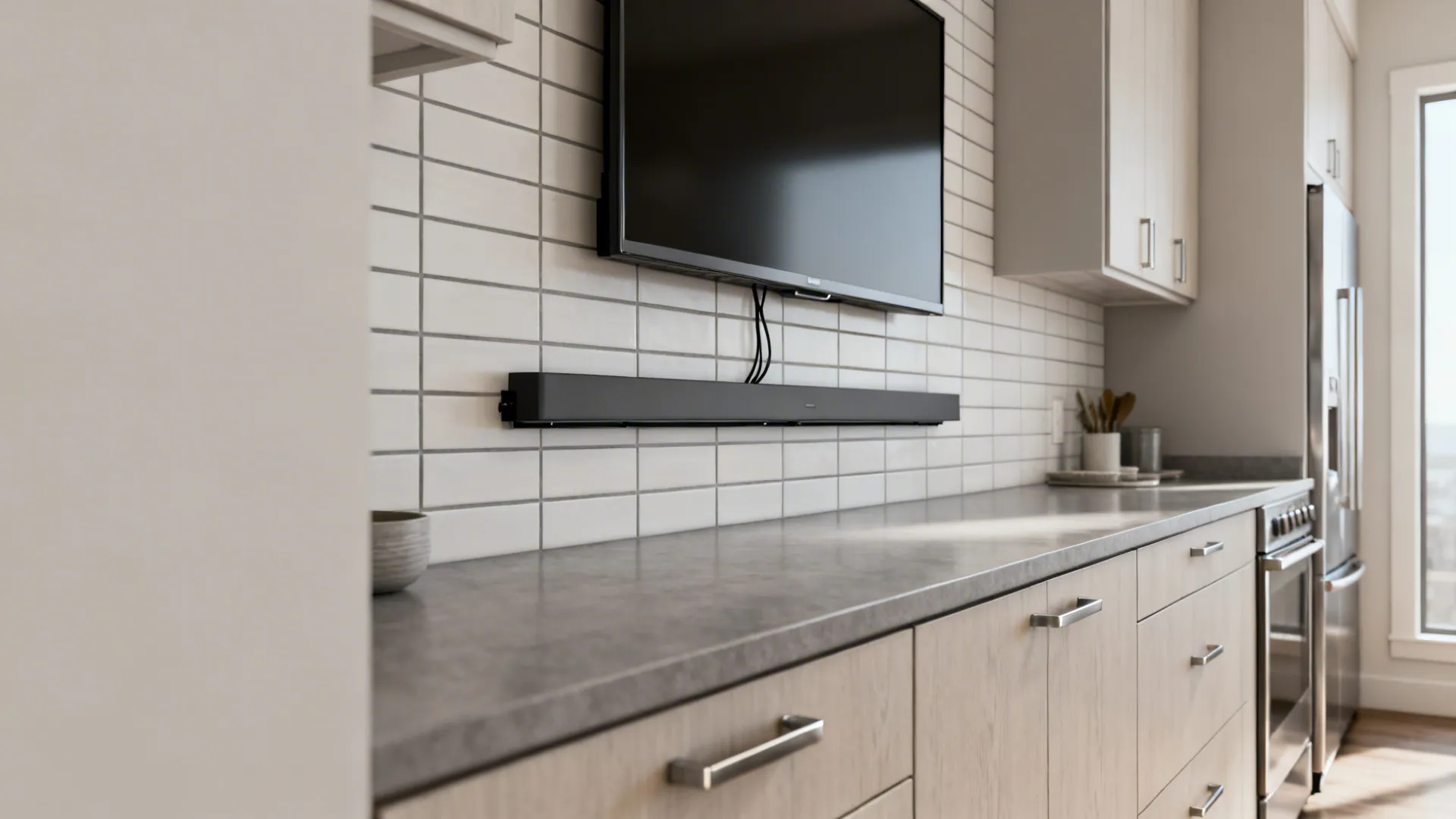 Slim TV mounted above the kitchen backsplash beneath wall cabinets with concealed wiring.