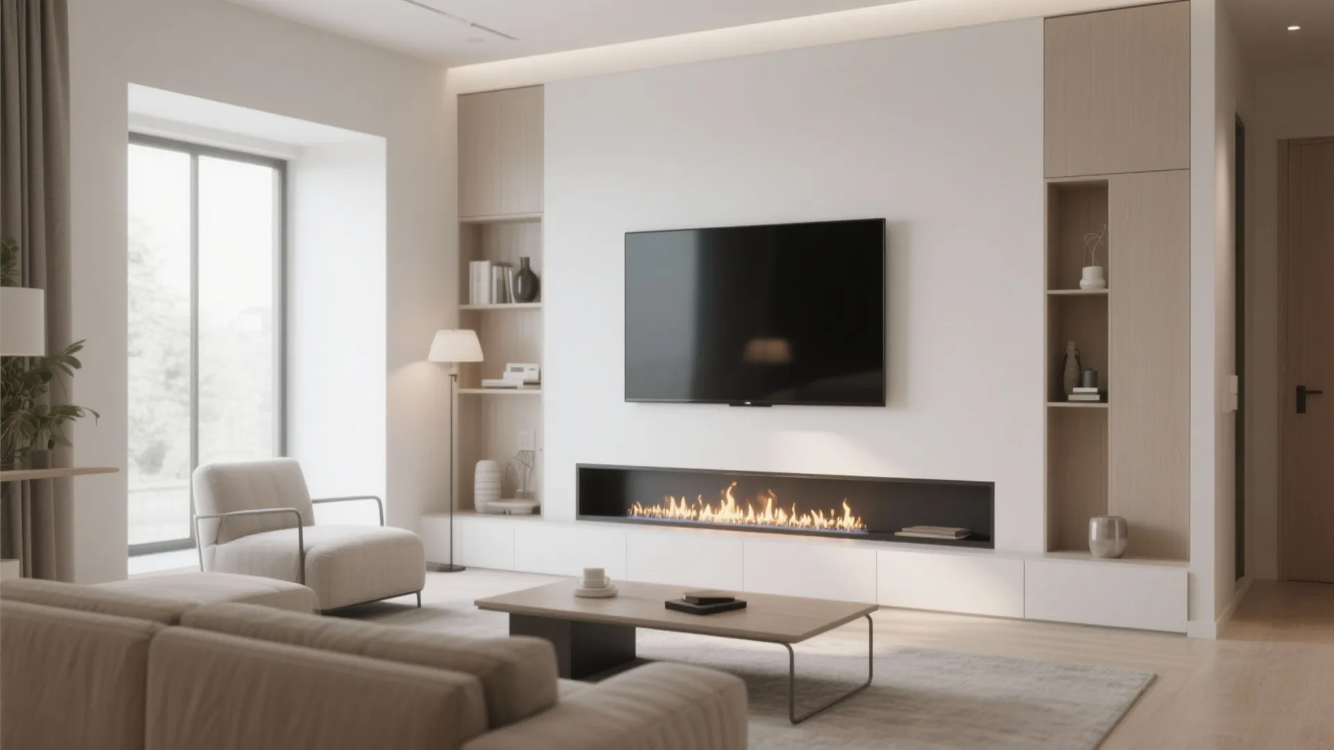 Minimalist living room with a wall mounted television above a long thin fireplace and cabinets
