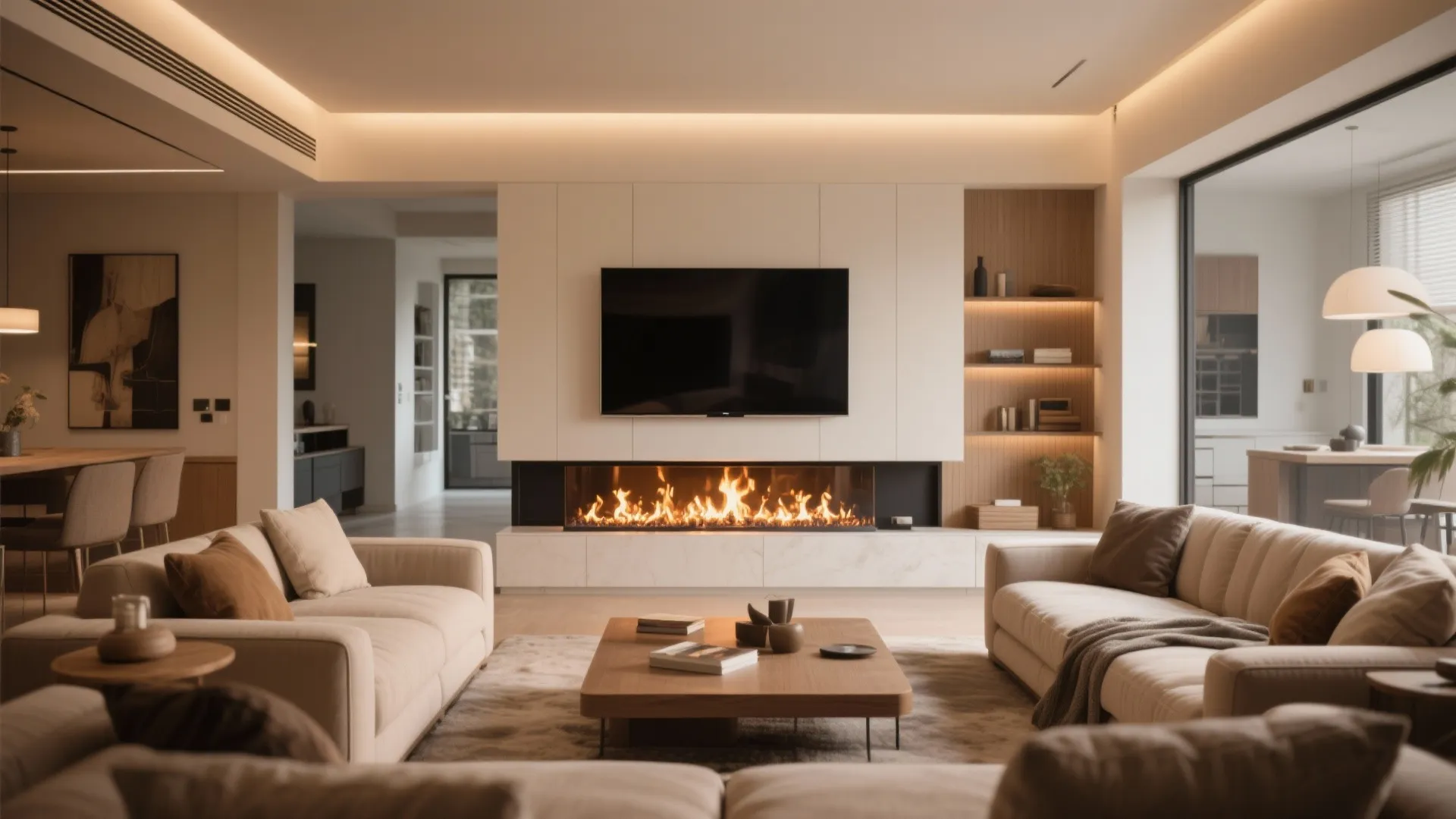 Living room with TV above a modern fireplace
