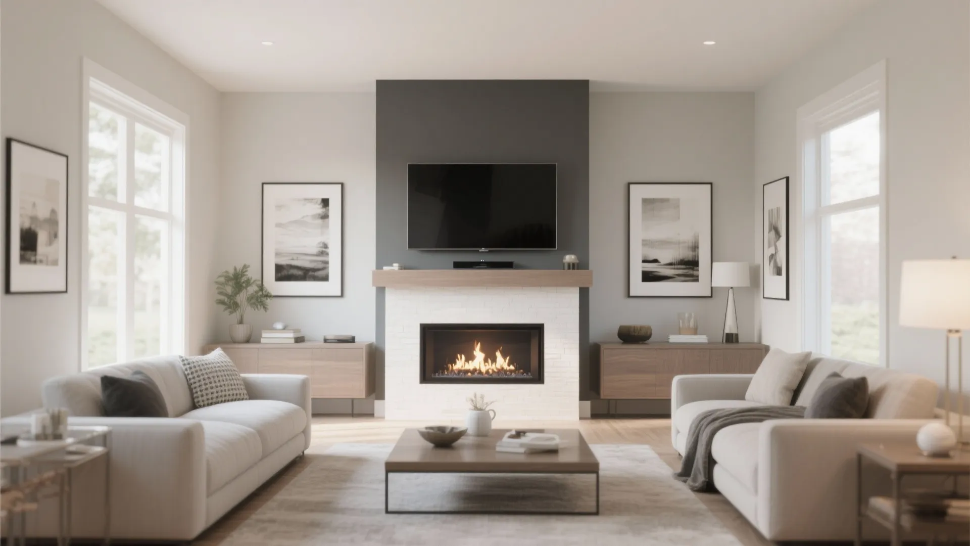 Modern living room featuring a television mounted above a white fireplace with comfortable grey sofas