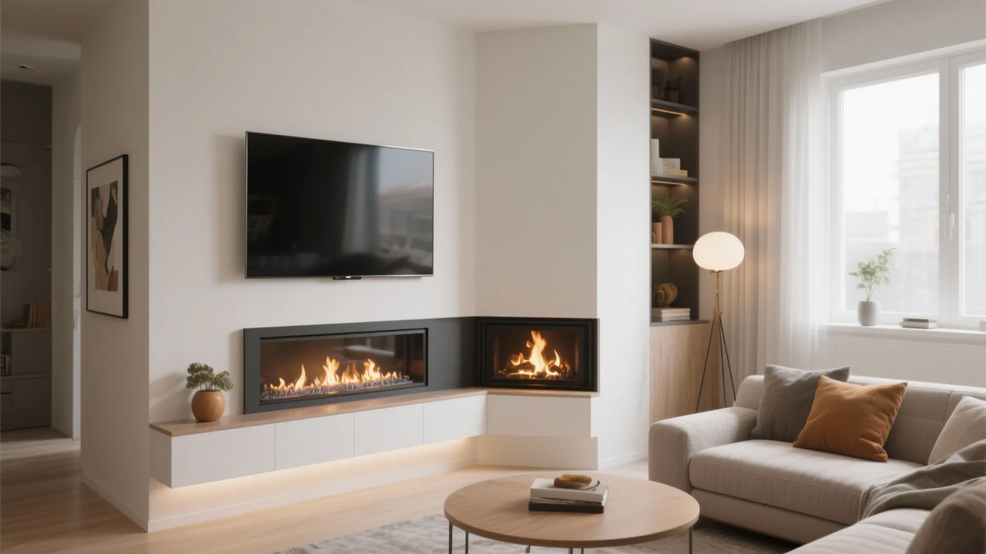 Modern living room featuring a television mounted above a corner fireplace with white sofa furniture