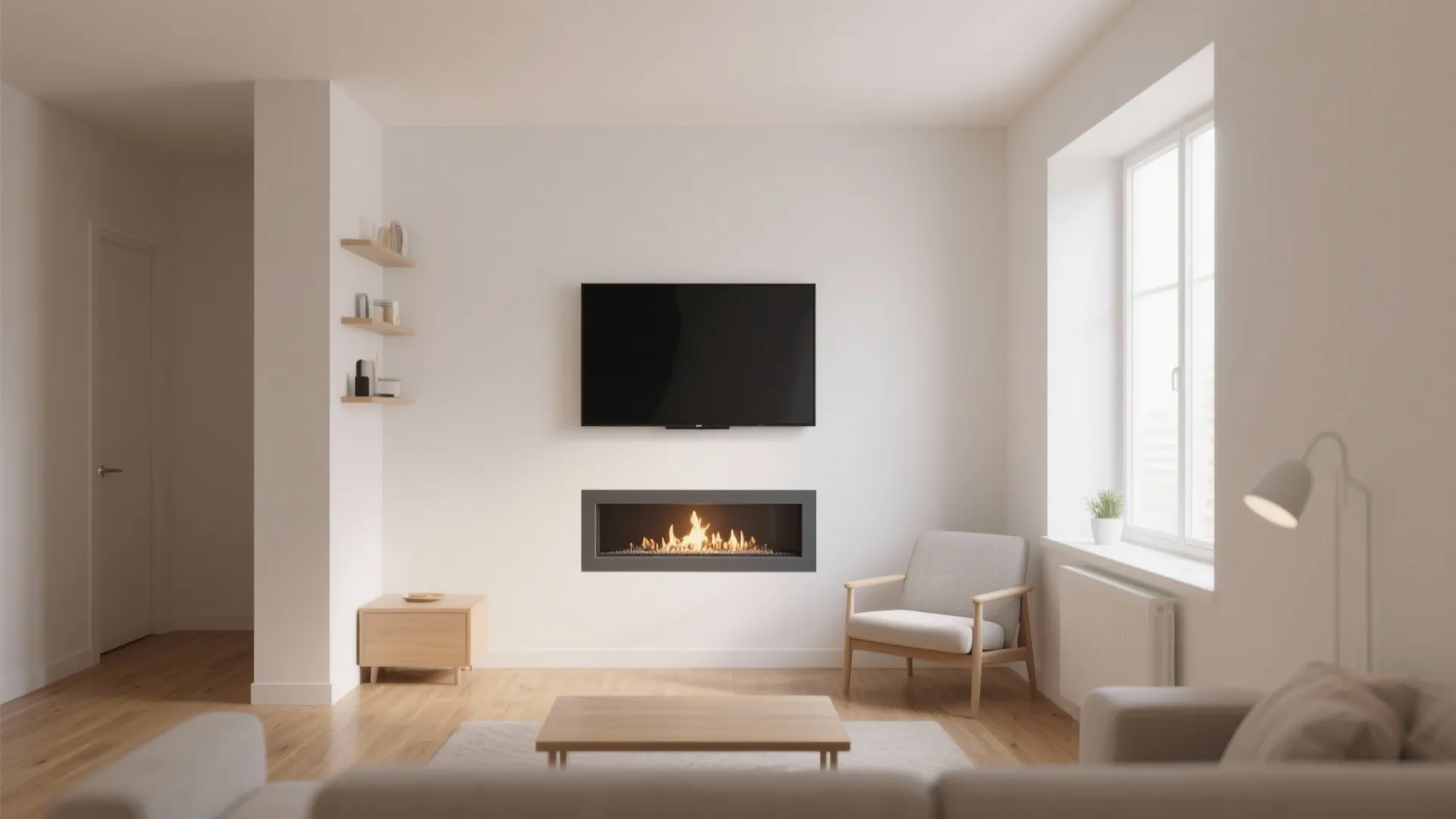 Minimalist living room design with black television screen and fireplace on a clean white wall