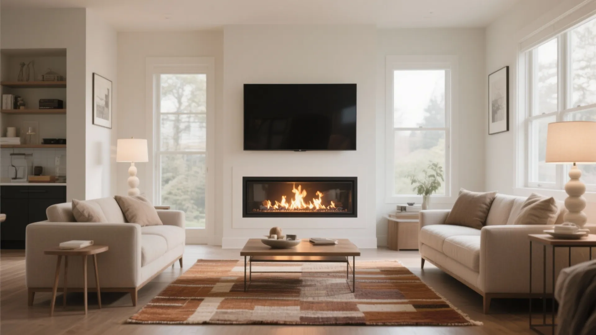 Modern living room with TV above a sleek fireplace