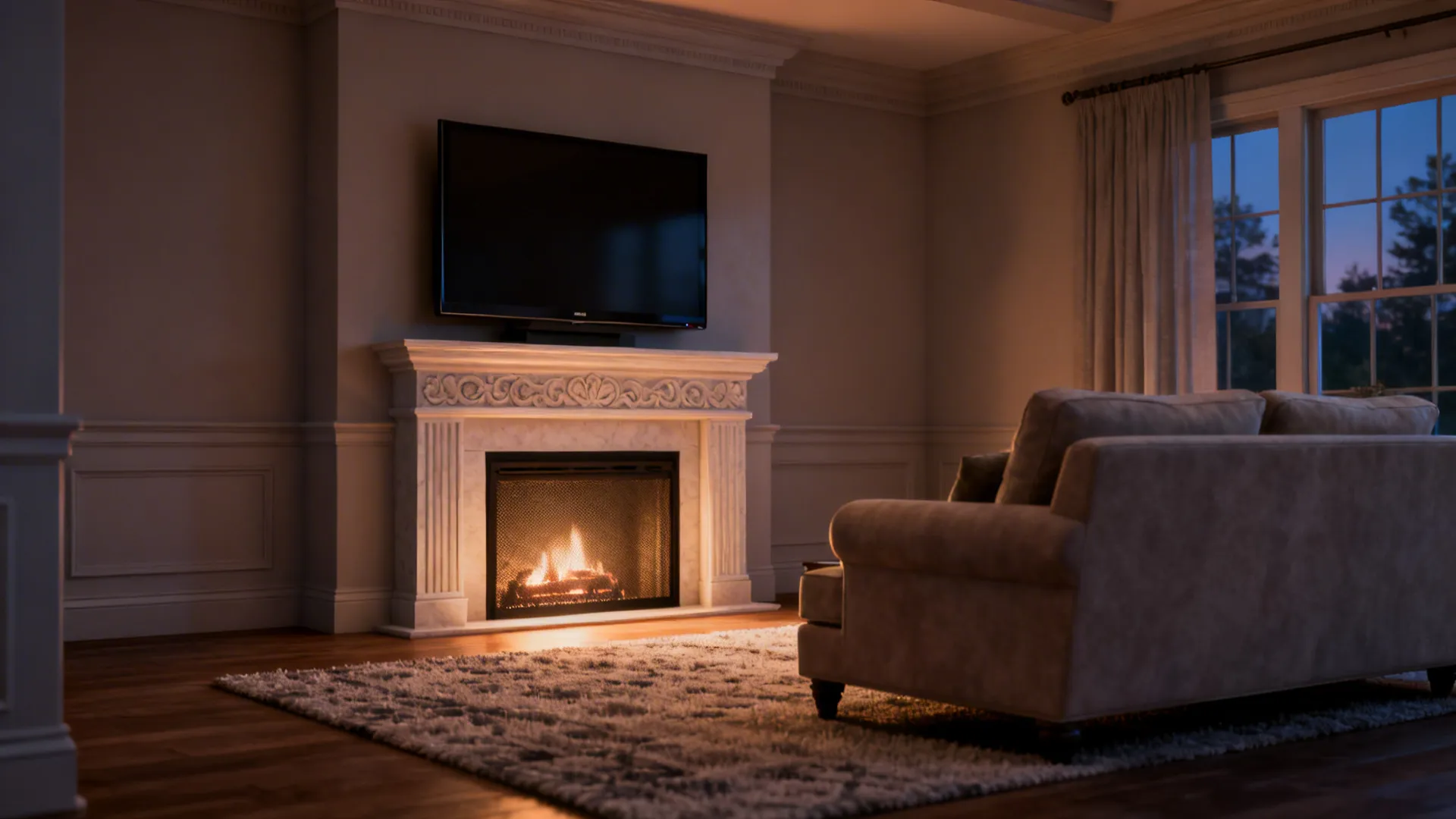 TV mounted above a fireplace with a mantel and heat shield, seating angled for comfort.