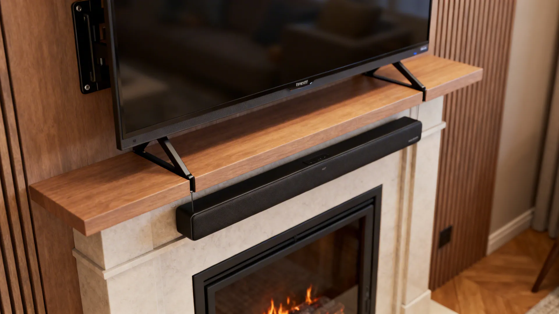 Close up of a television on a wooden shelf above a fireplace with black sound bar
