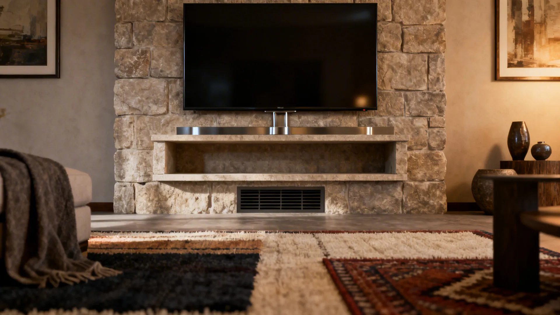 TV mounted above a stone fireplace with recessed ventilation and layered rugs