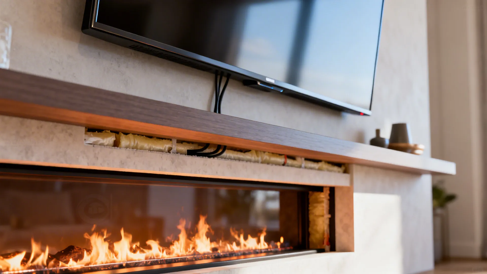 Detail of a tilted flat TV mounted above a slim mantel and insulated gas fireplace with hidden cables.