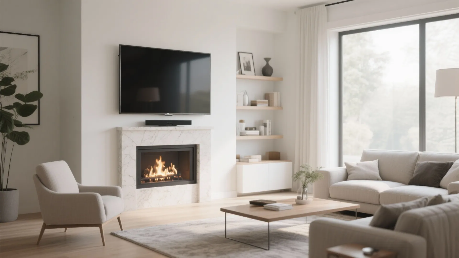 Minimalist living room with a television mounted above a white marble fireplace and large windows