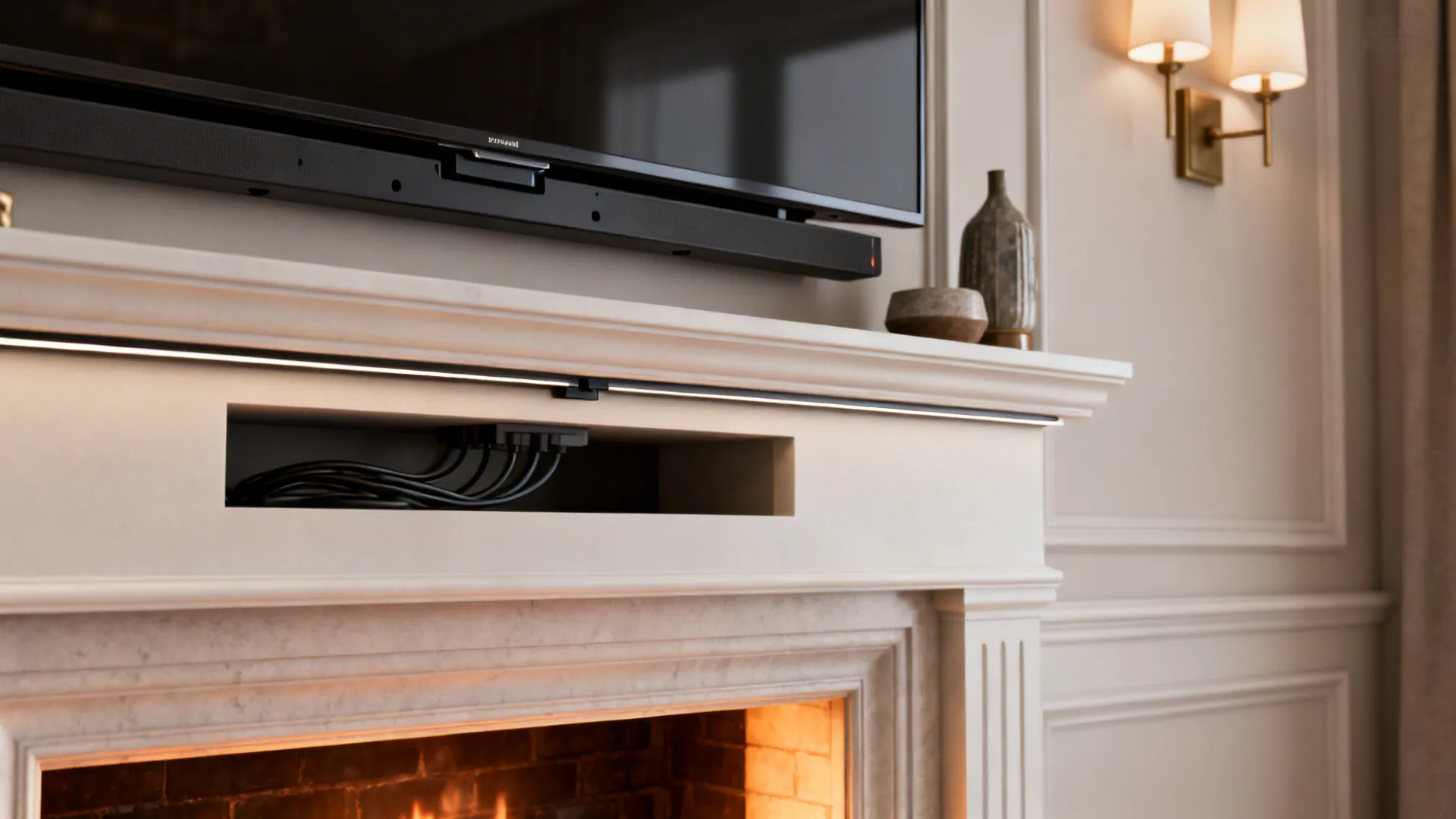 Slim floating TV above a mantel with hidden media niche and minimal decor.