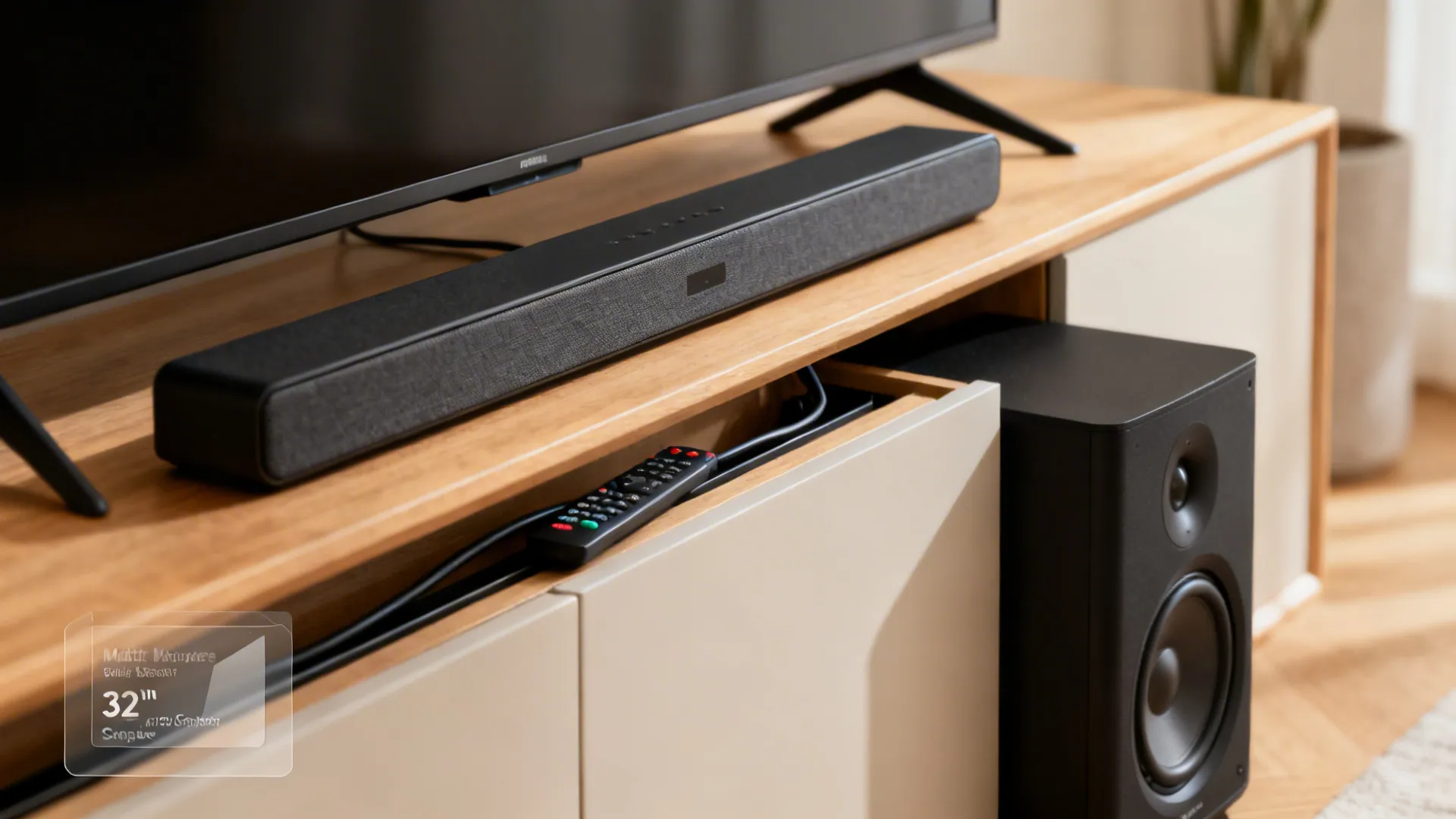 Compact soundbar and accessories for a 32-inch TV shown in a close-up still-life