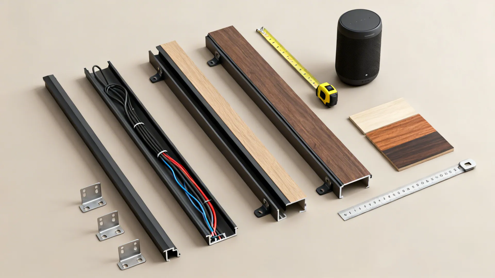 Flatlay of cord channels, brackets, measuring tape, and speaker for TV setup