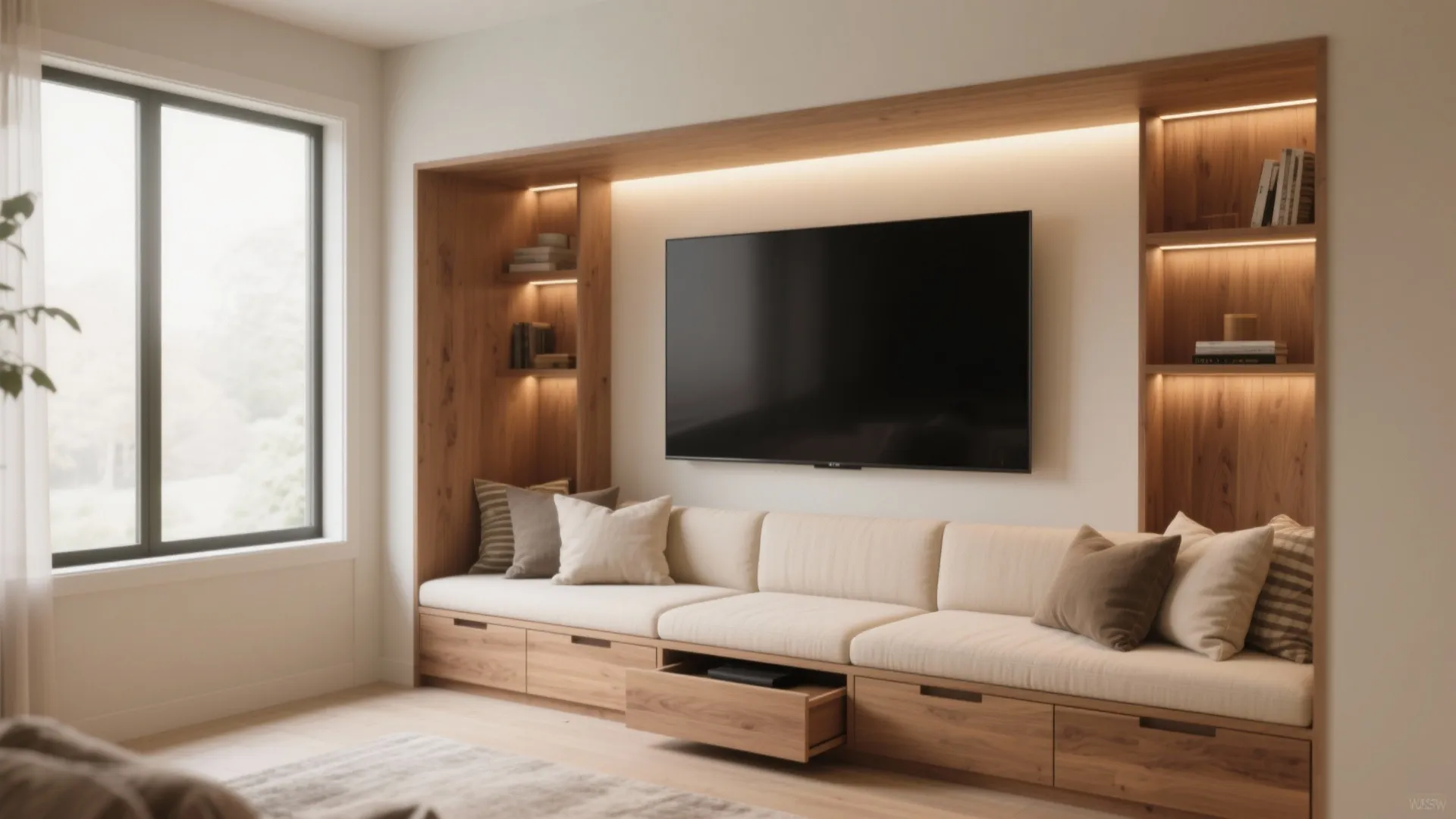 Built in wooden shelving unit around a television with long sofa seating and warm lighting