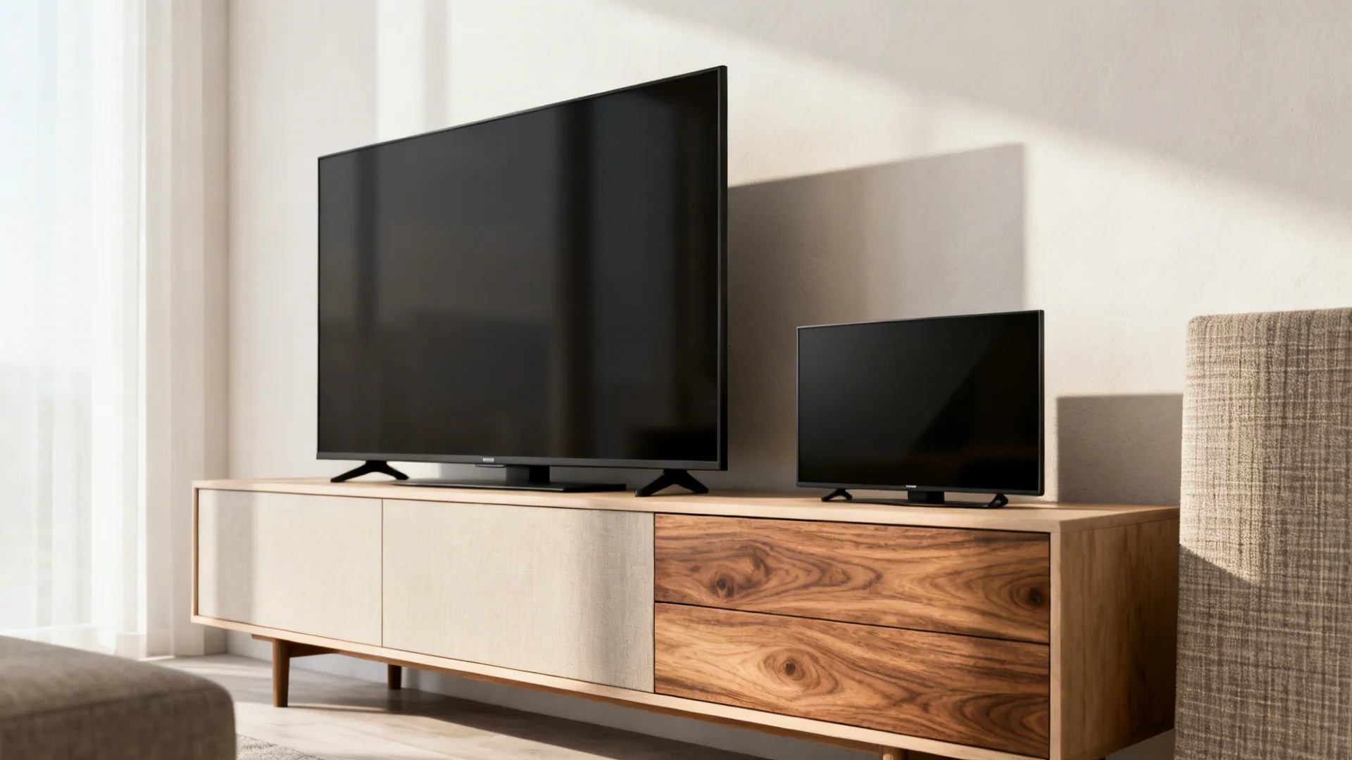 Large television and small screen placed on a modern wooden cabinet in a bright room