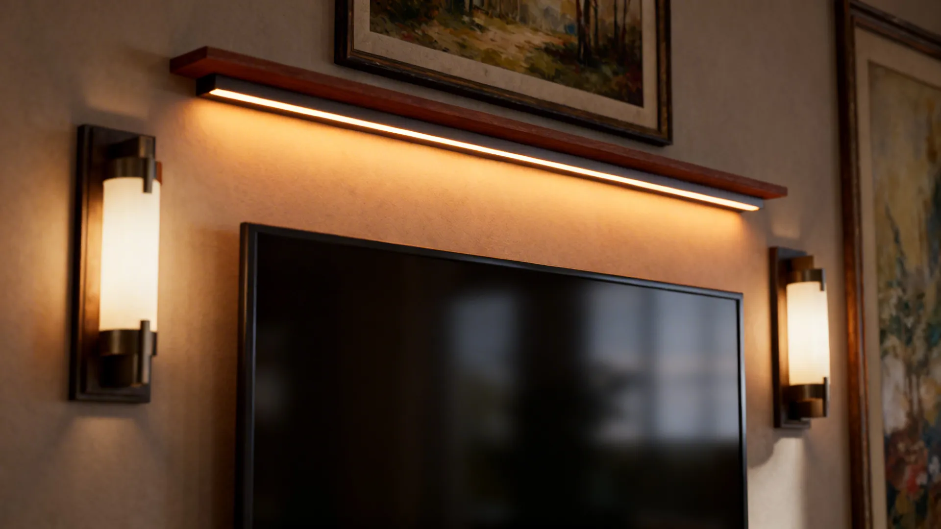 TV with backlighting, flanking sconces and picture rail creating a curated wall composition