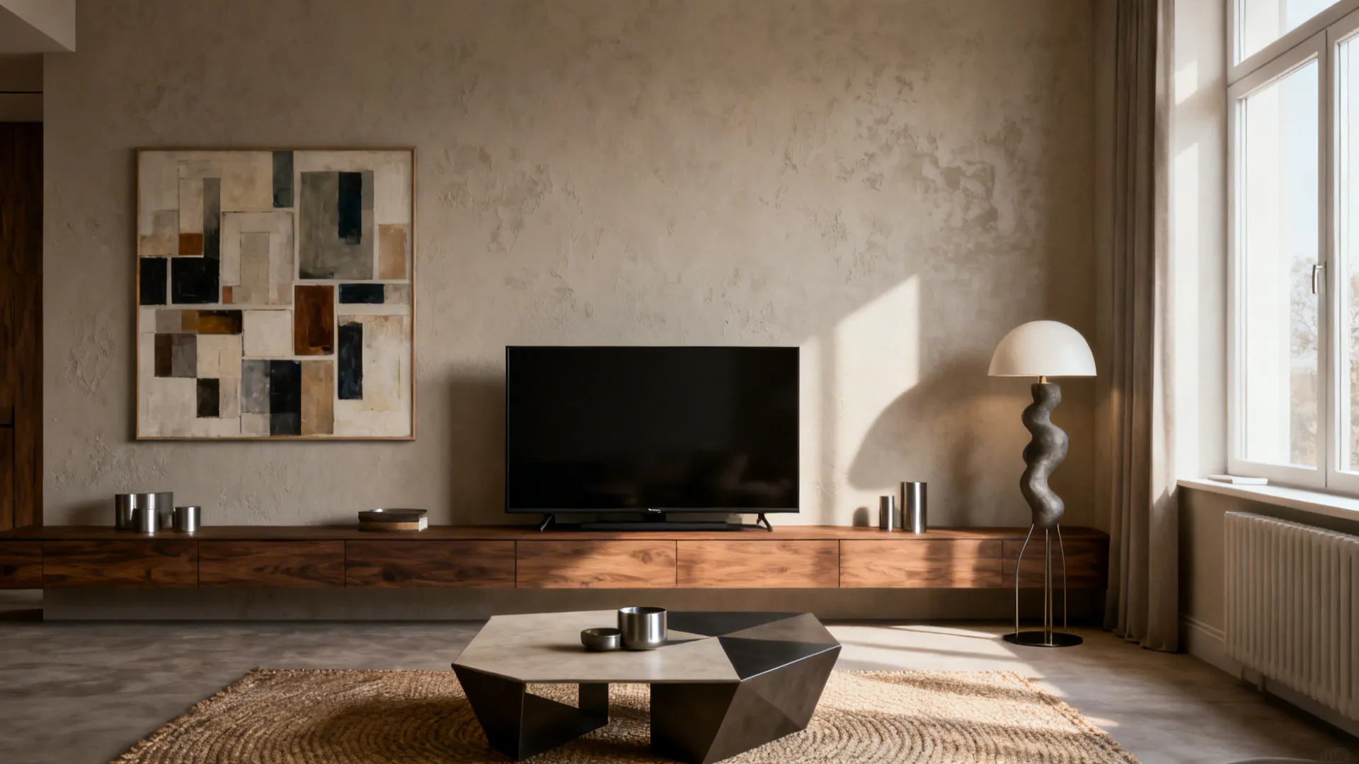 5. Dual focal points with artworks and TV