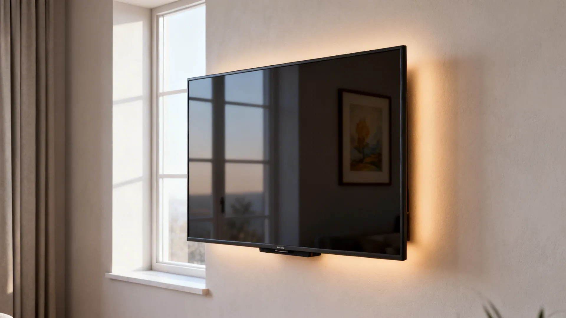 Large flat screen TV mounted on white wall with warm yellow backlighting near tall window