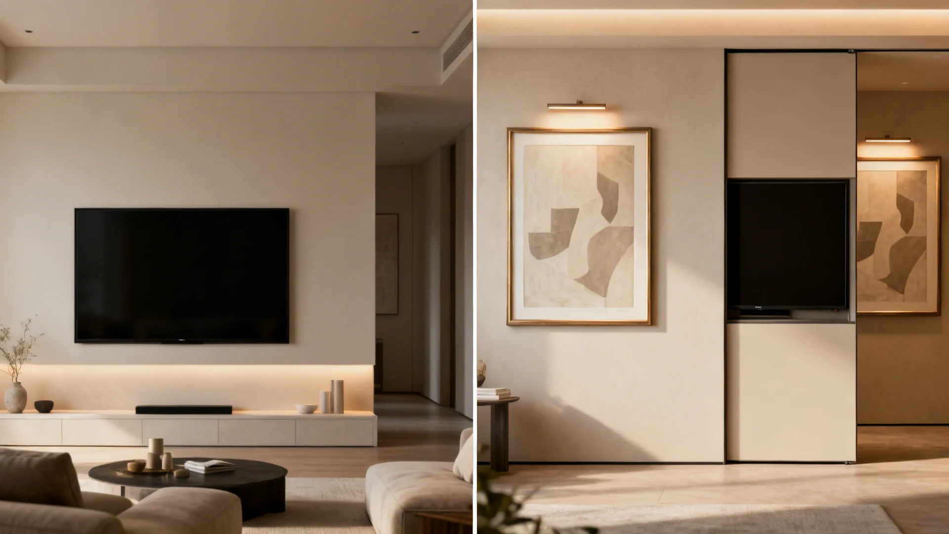 Before and after: TV visible and then concealed behind framed artwork in a small living room