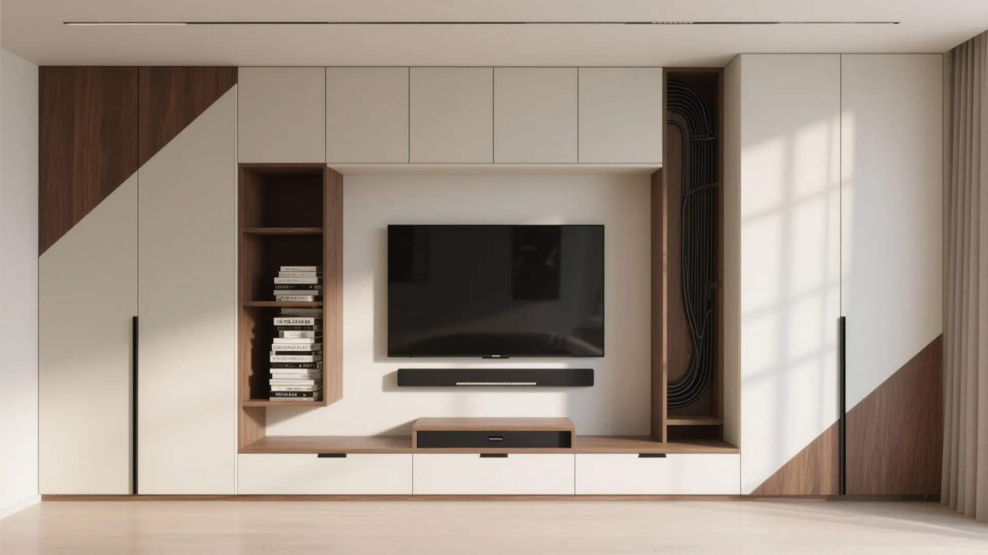 TV-centric almirah with cable management and asymmetry