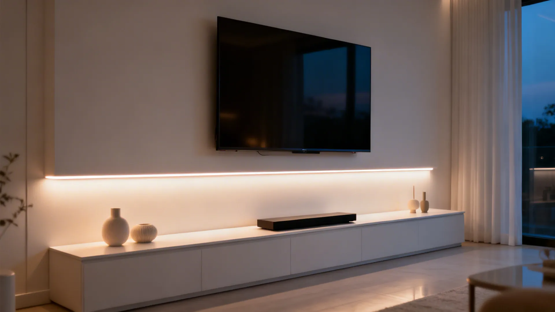 TV with subtle warm tunable LED backlight halo improving perceived contrast.