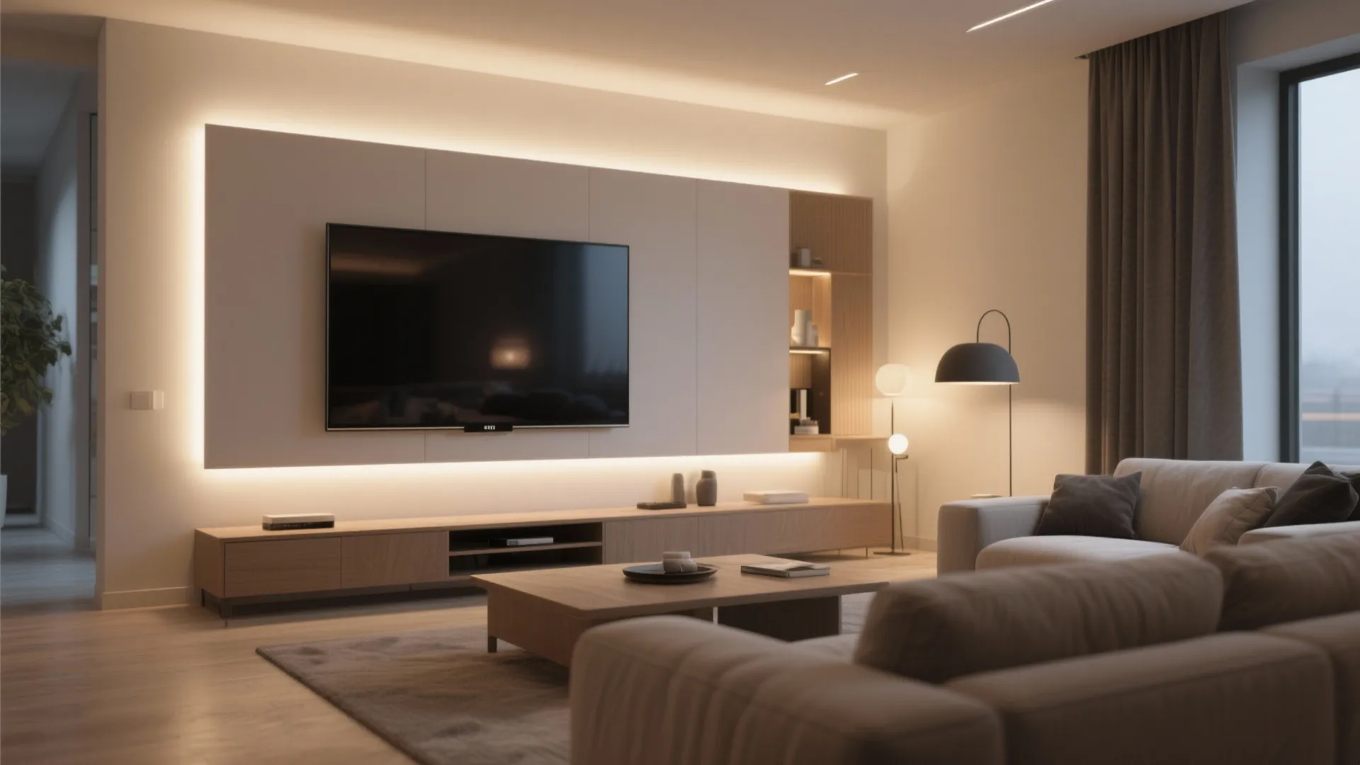Living room TV wall with warm LED backlighting