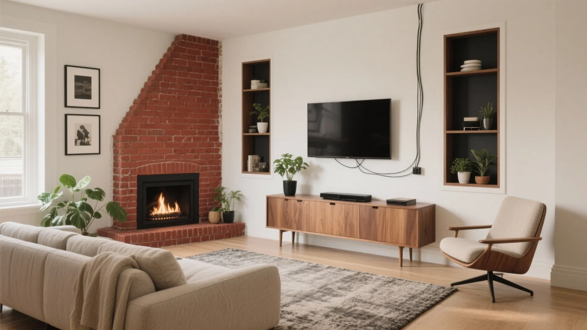 Cozy living room with red brick fireplace wooden cabinet wall mounted television and comfortable beige sofa