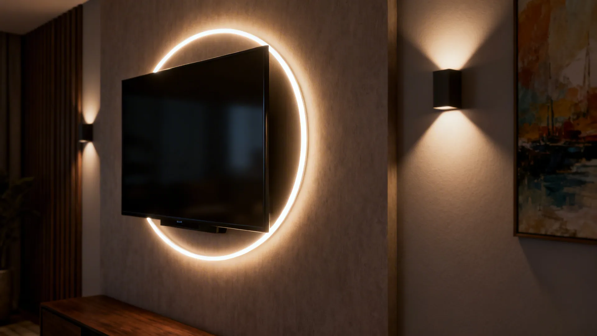 Wall-mounted TV with warm bias LED strip behind it and directional wall lights on adjacent artwork.