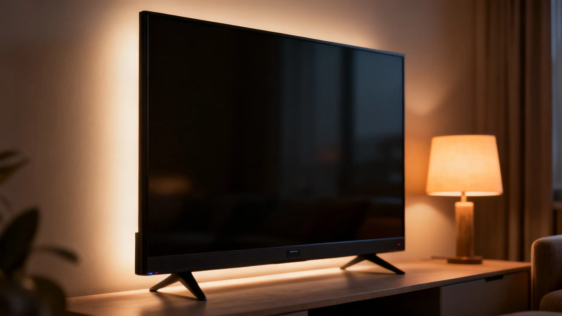 TV with bias lighting behind it in a softly lit living room to reduce eye strain