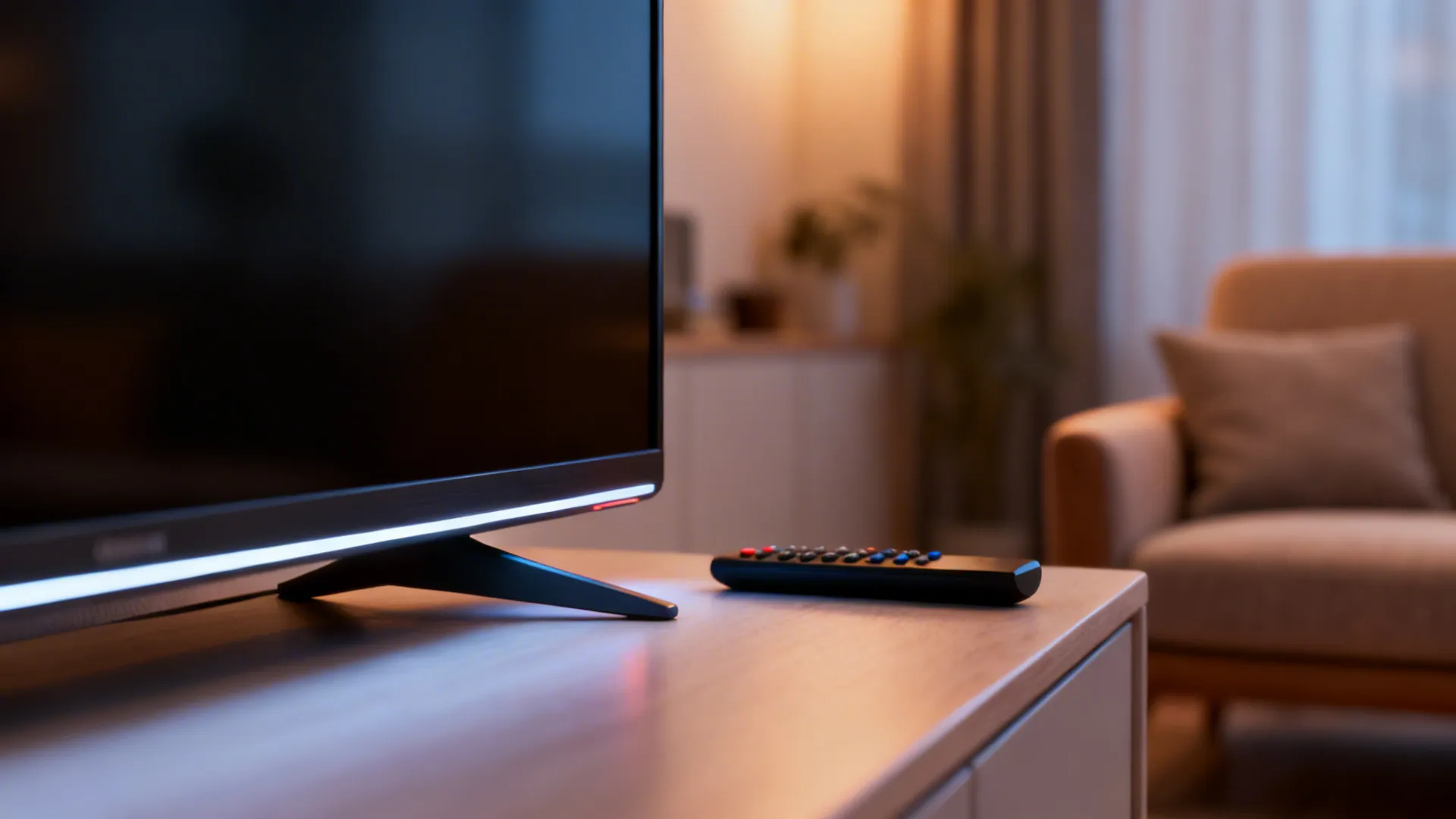 Television with LED bias backlight demonstrating improved viewing comfort in a small living room
