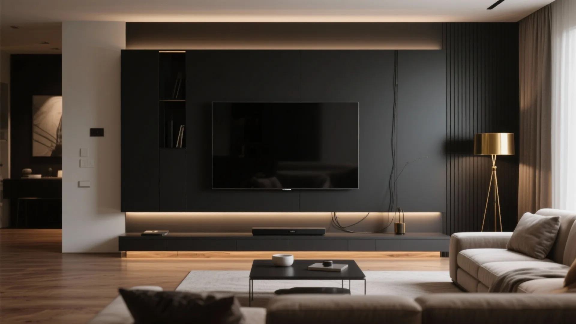 Modern living room featuring a black wall mounted cabinet with television and hidden warm light fixtures