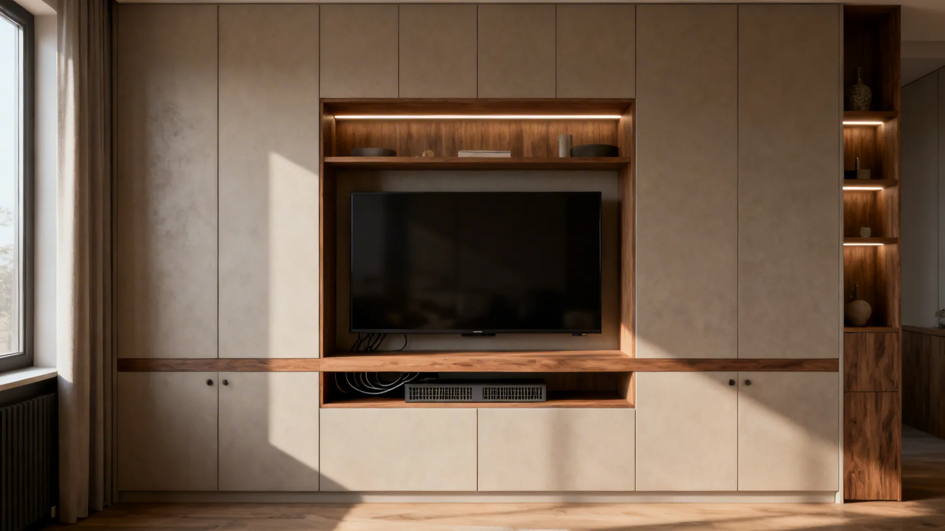 Built-in TV unit with open display shelves above and concealed storage cabinets below in a modern living room.