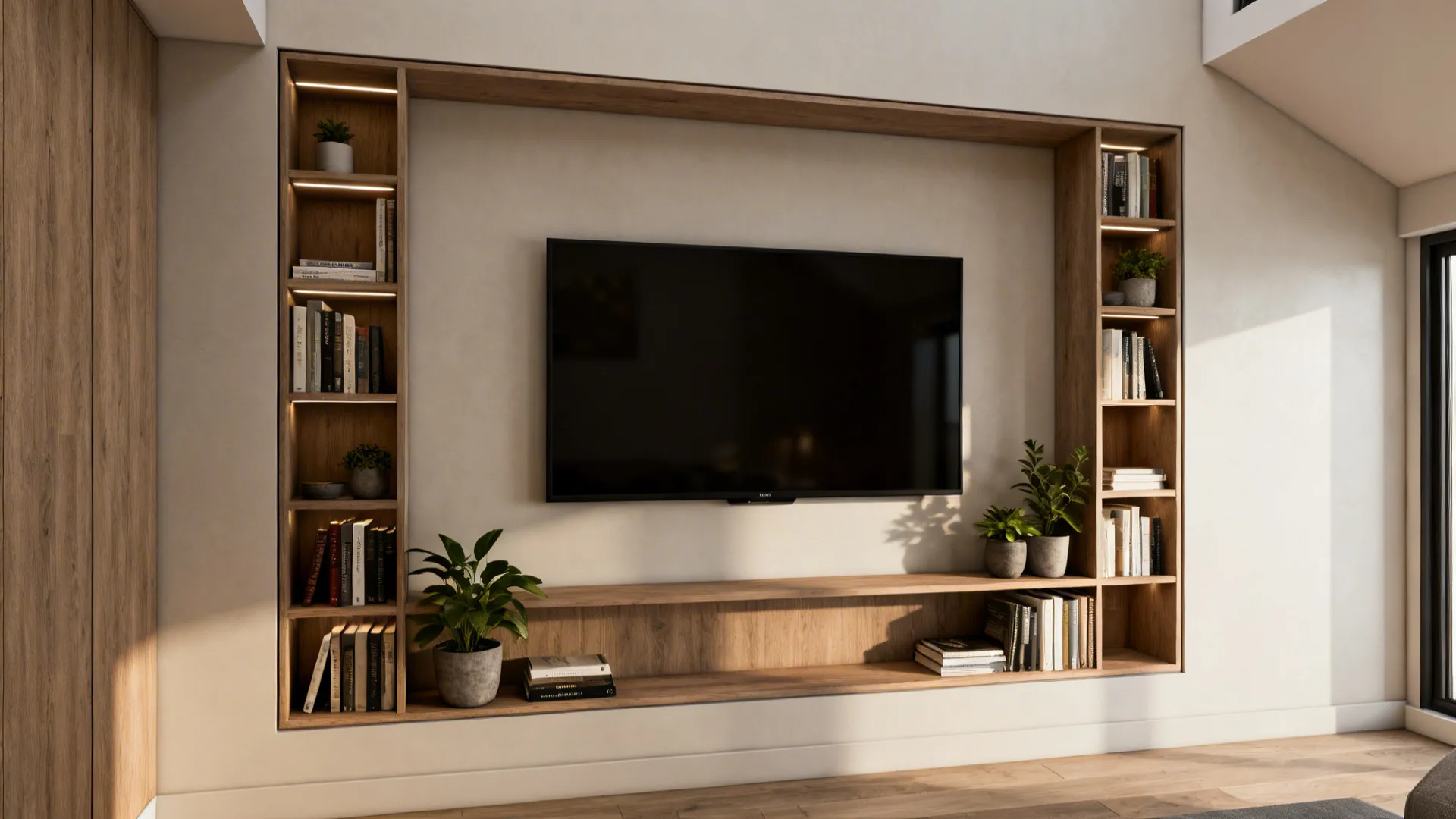 TV integrated into built-in shelving with books and plants
