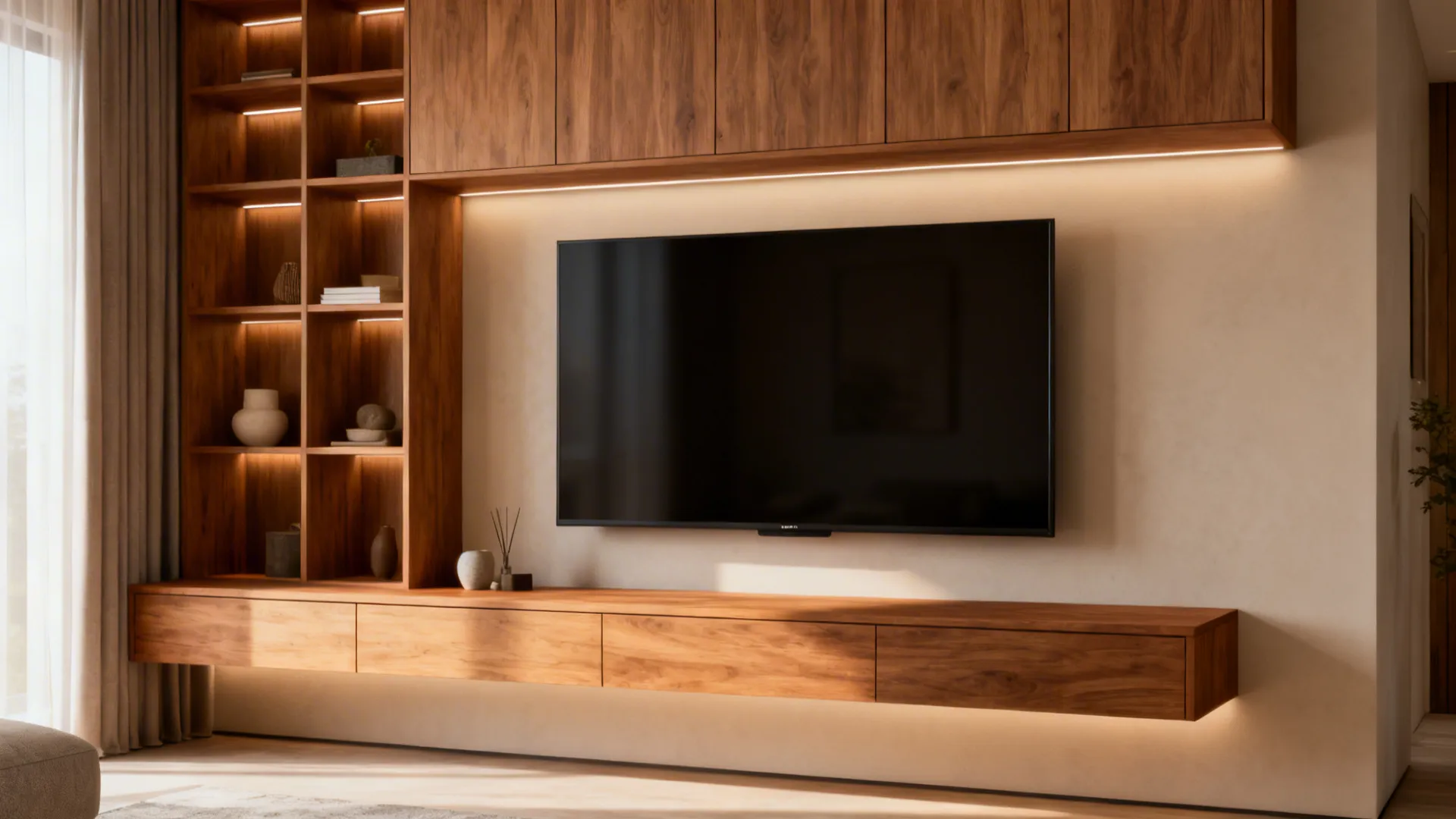 Mounted TV balanced by slim built-in cabinets and a floating wood console, hidden storage and warm tones