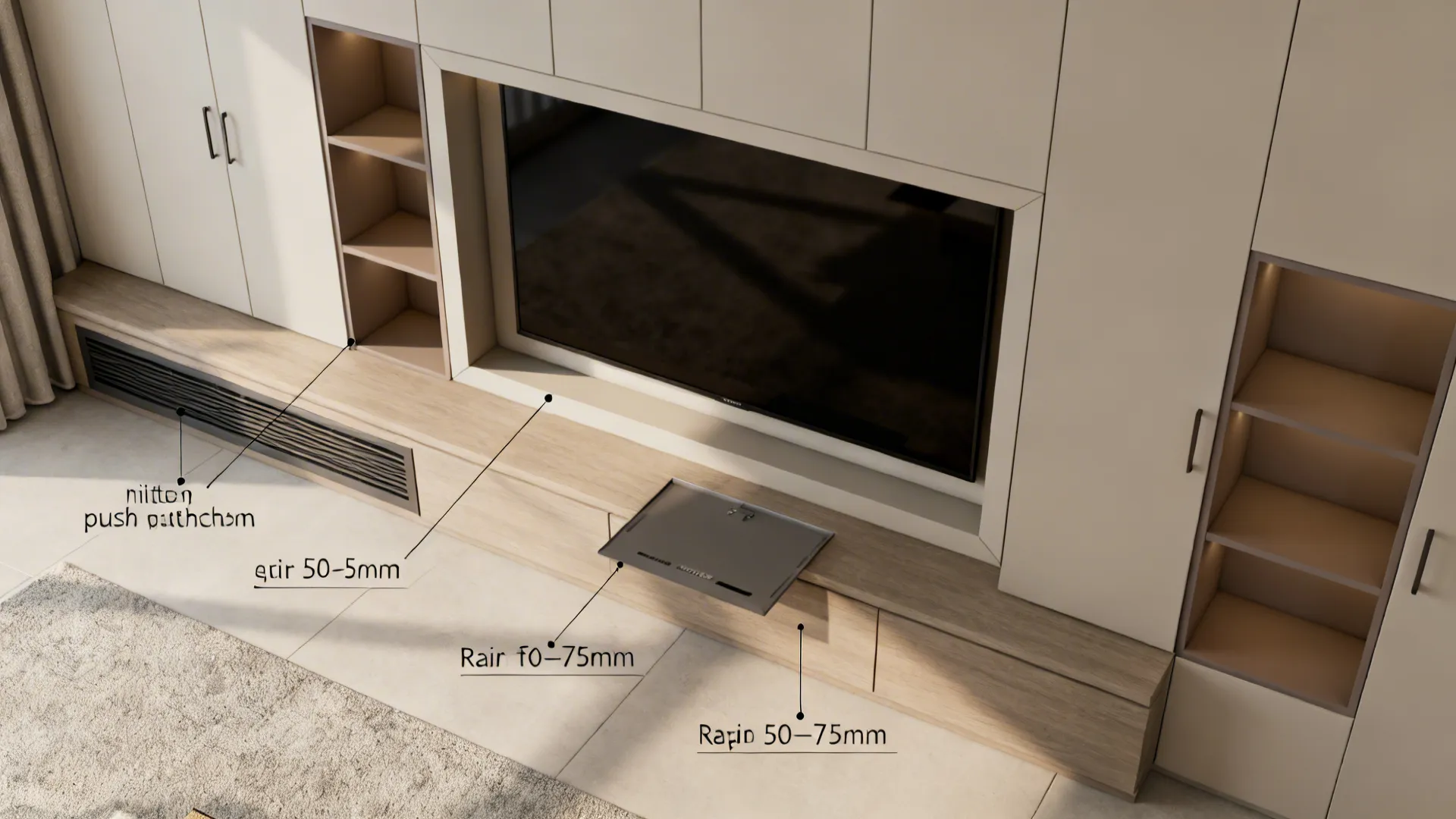 Top-down view of a built-in TV unit showing niches, hidden doors, and rear ventilation space.