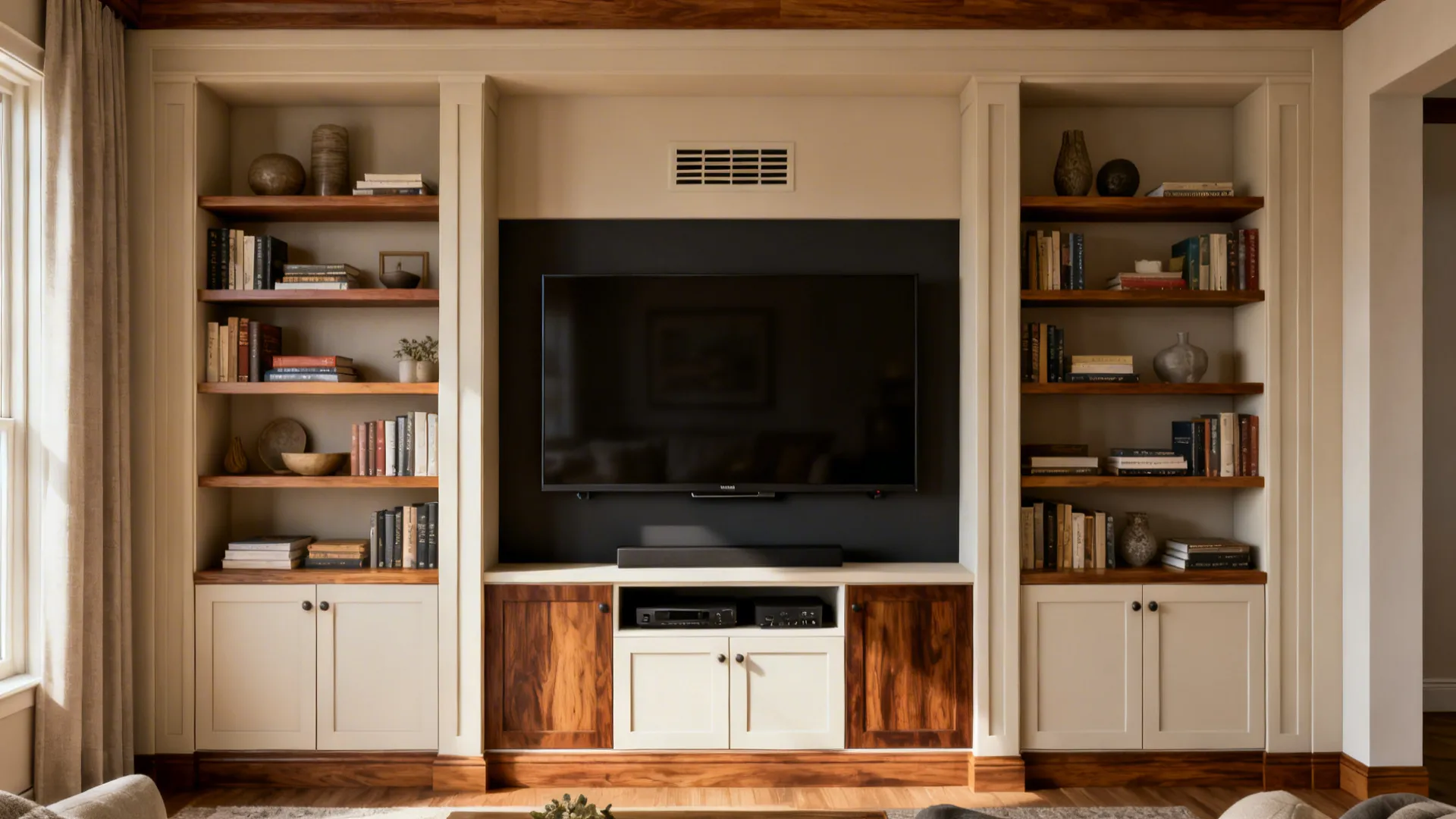 Wall-mounted TV integrated into symmetrical built-in shelves with matte dark back panel.