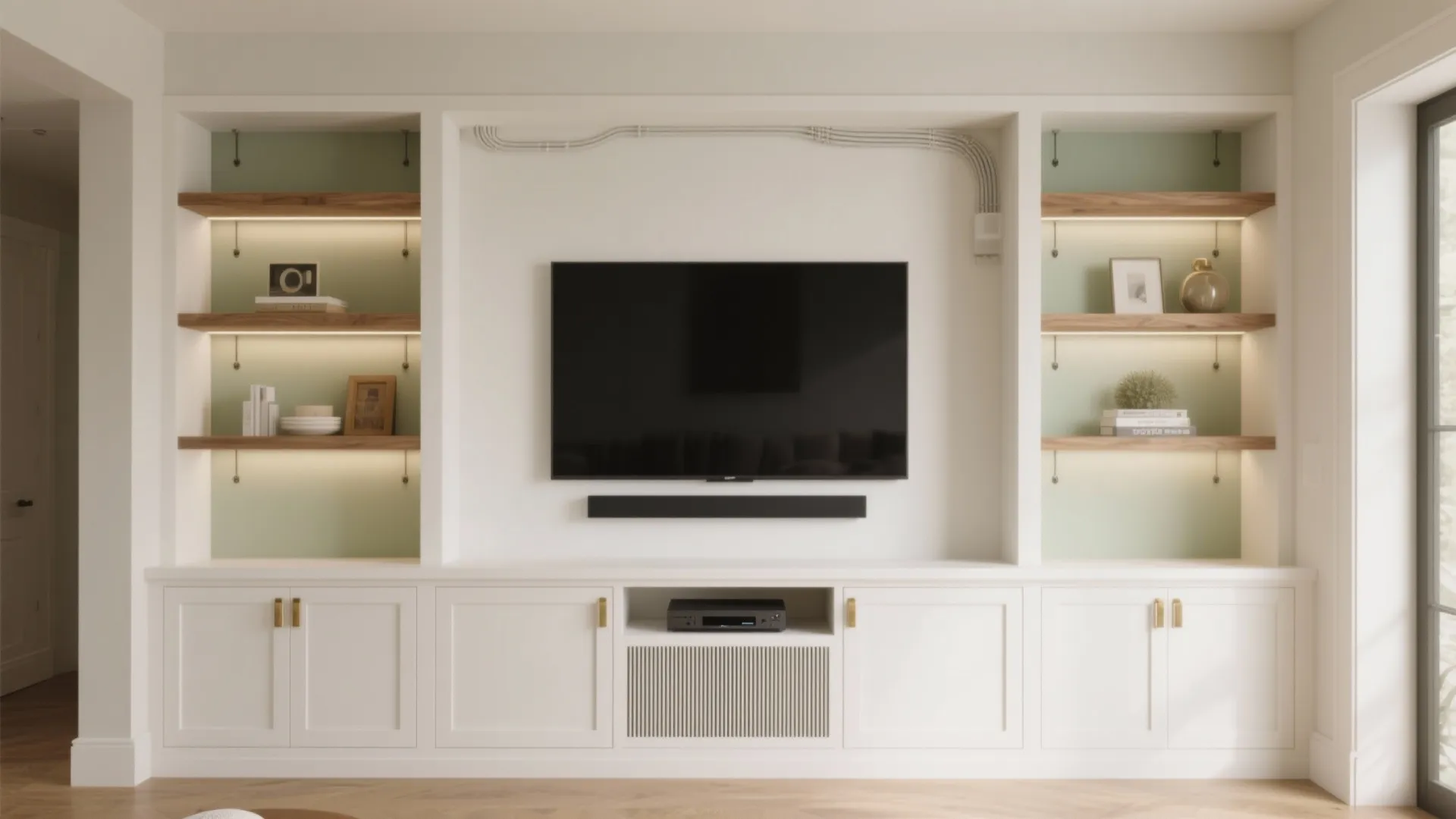Built-ins framing the TV wall
