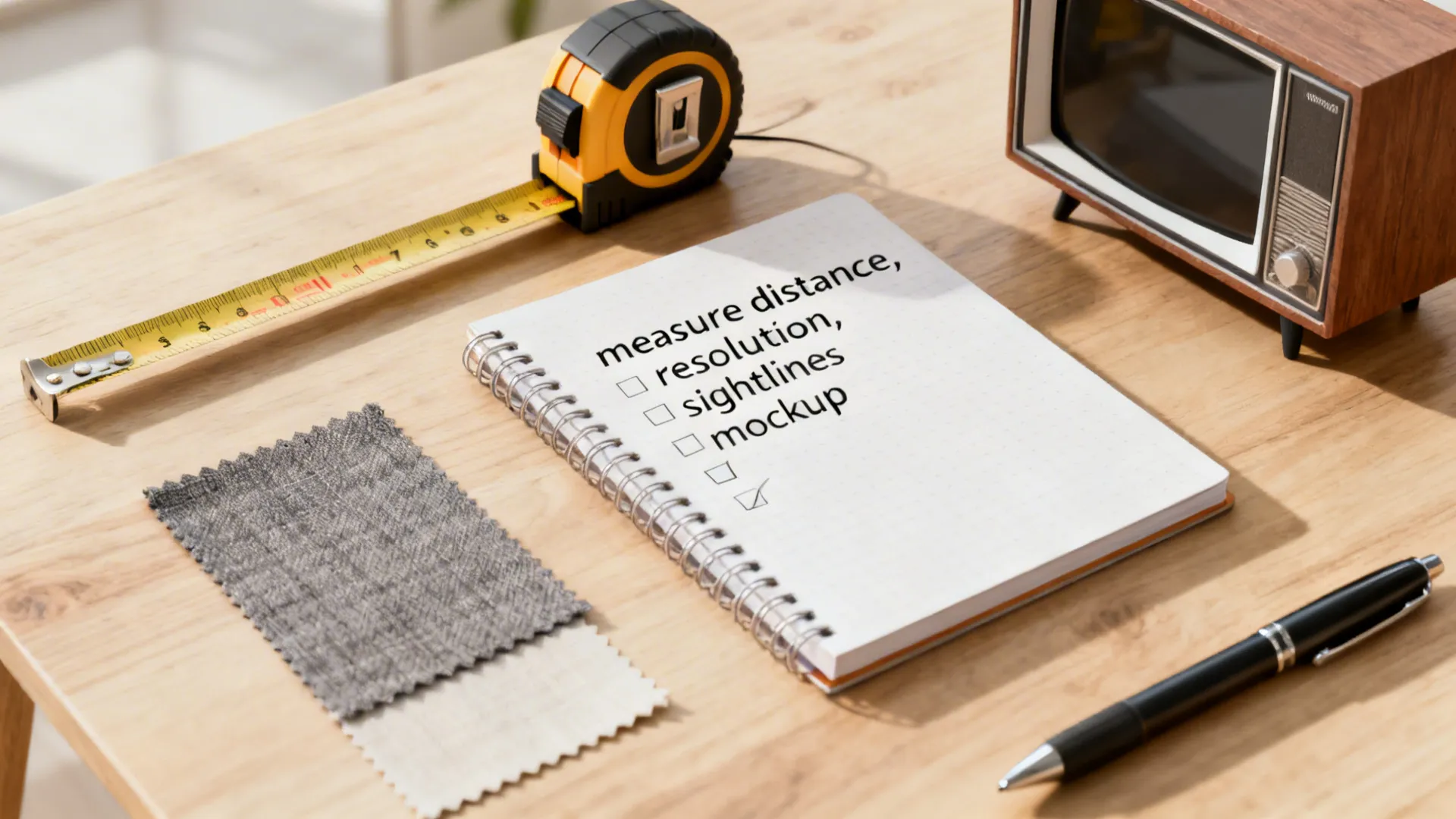 Checklist notebook on wooden table with yellow tape measure fabric samples pen and small television